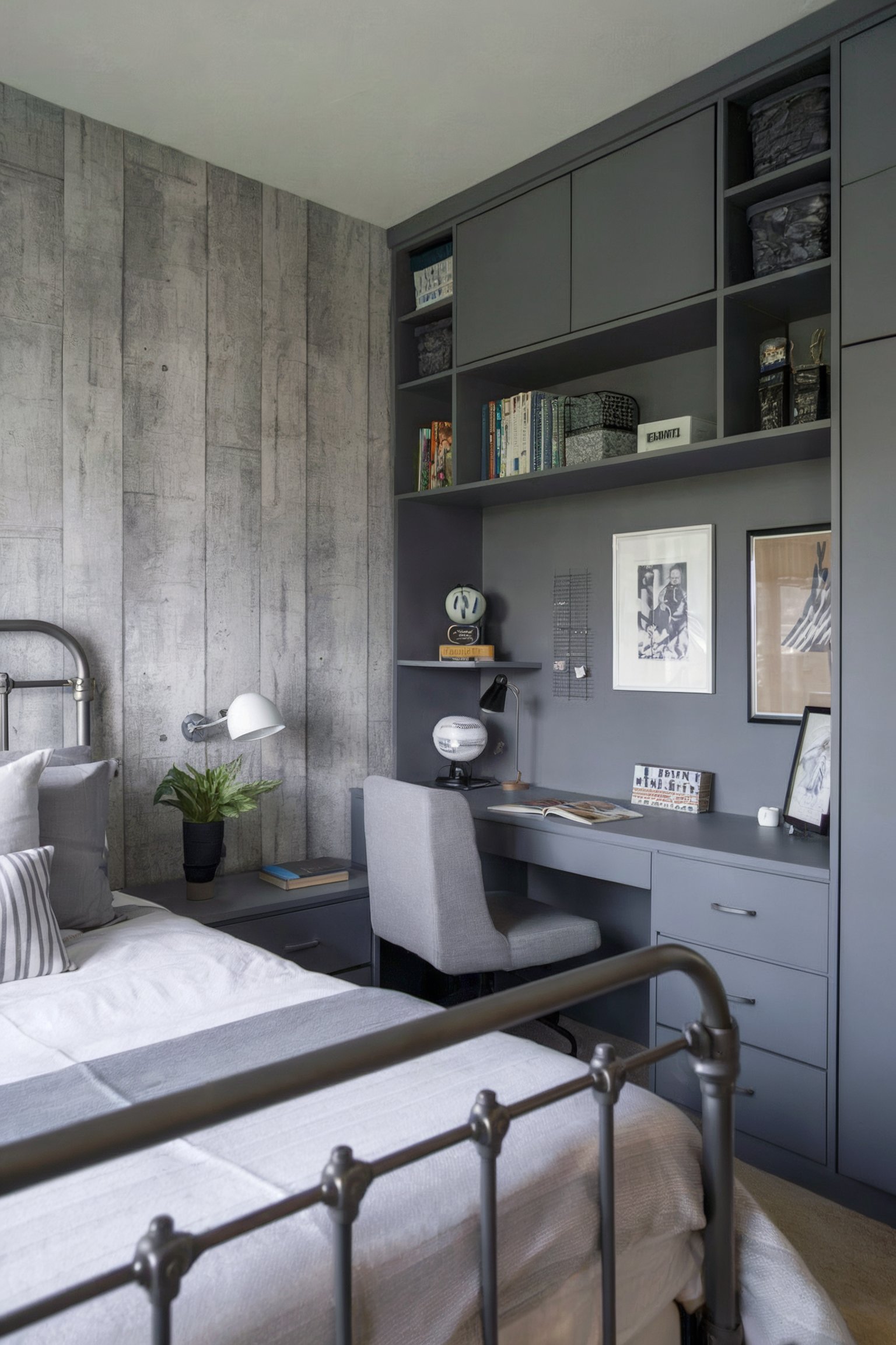 A gray bedroom with built-in shelving and a workspace next to a bed with a metal frame