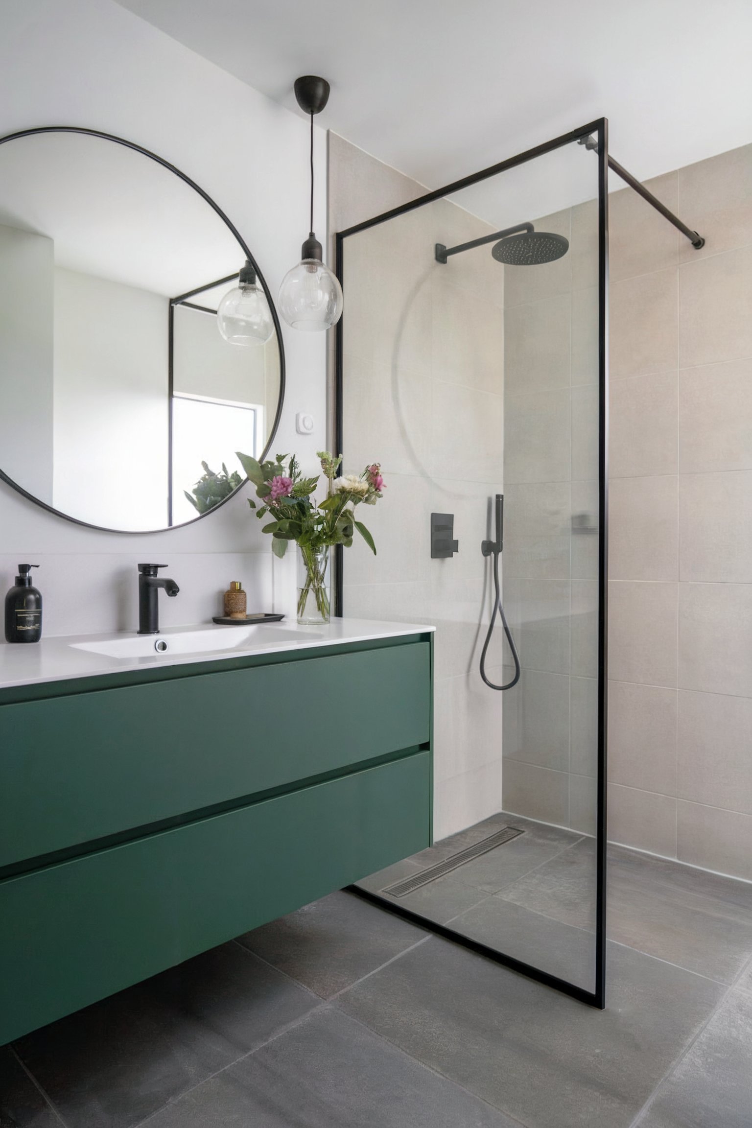 A modern bathroom with a sleek green vanity and a glass-enclosed shower featuring a black frame and minimalistic design elements