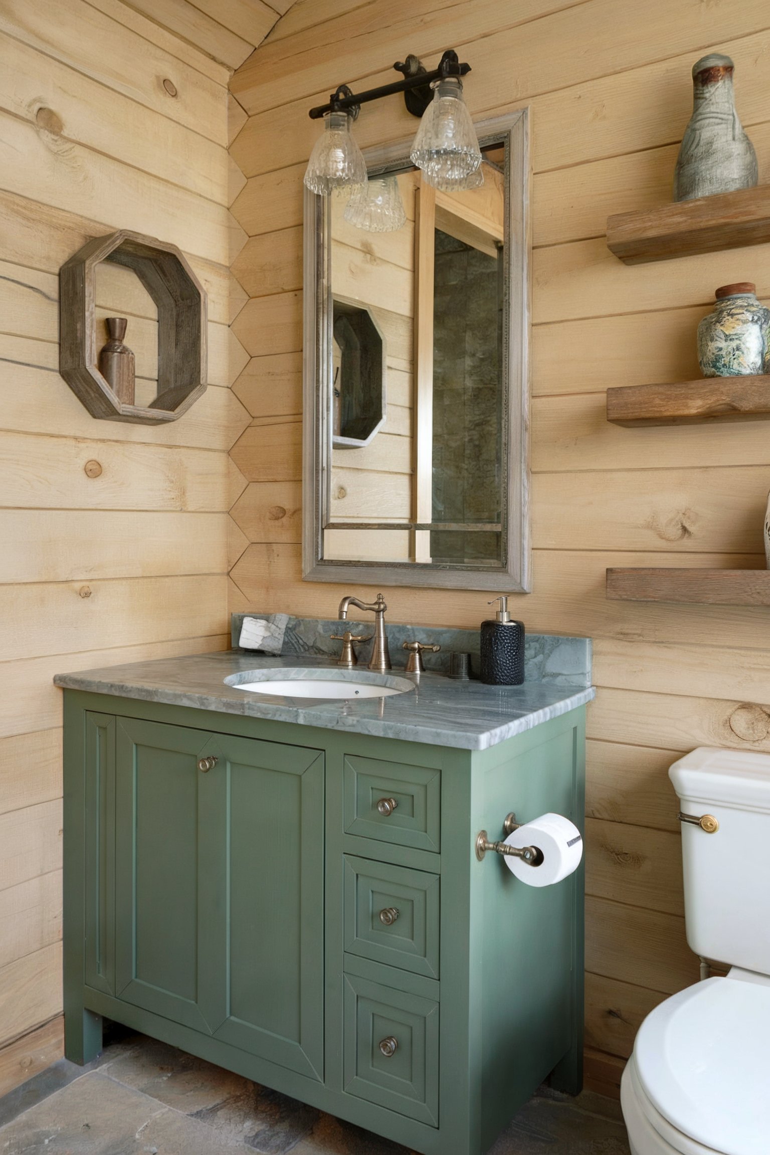 A rustic bathroom with a green vanity, light wood walls, and natural decor accents like shelves and pottery