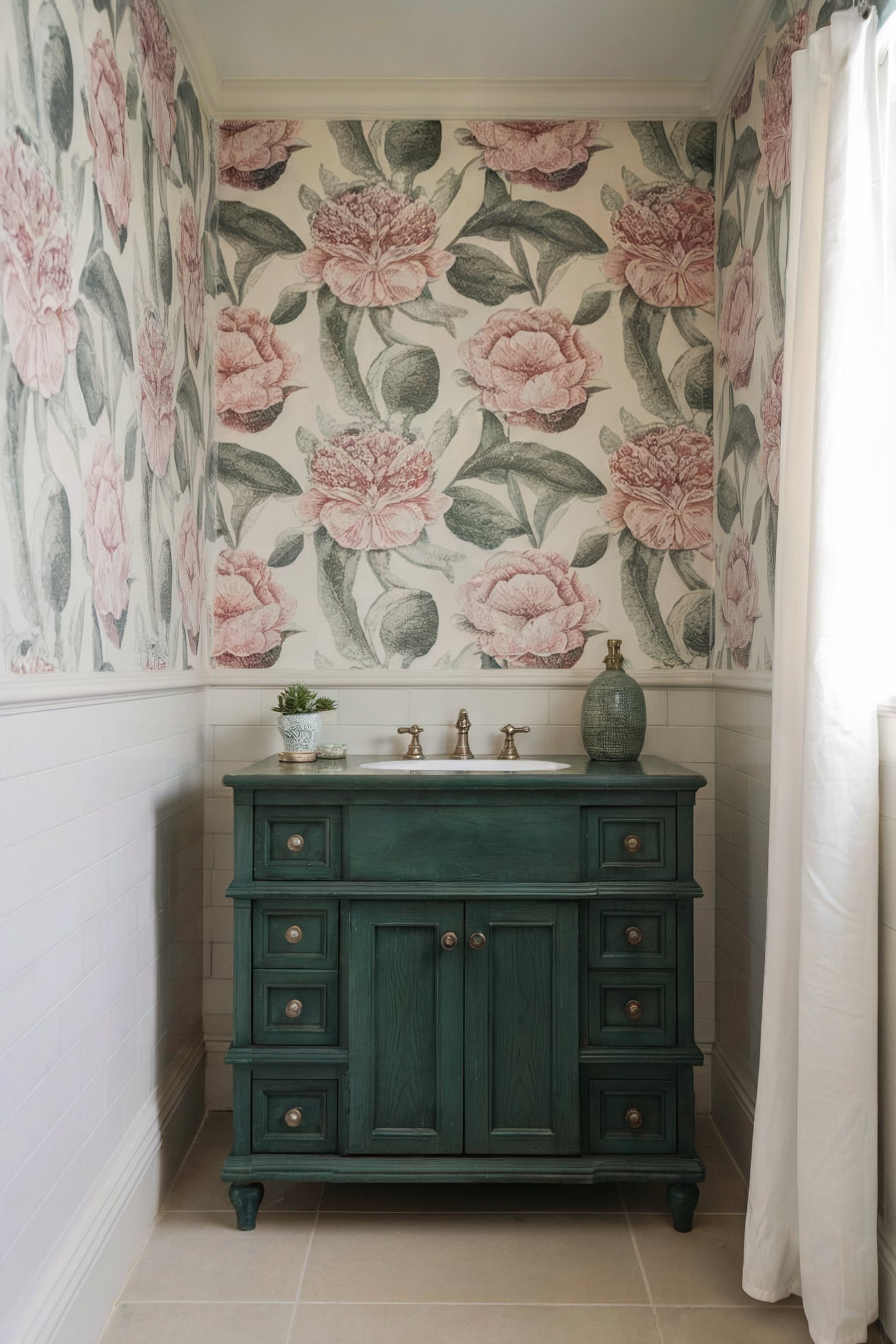 A bold green vanity paired with pink floral wallpaper creates a vintage-inspired bathroom space