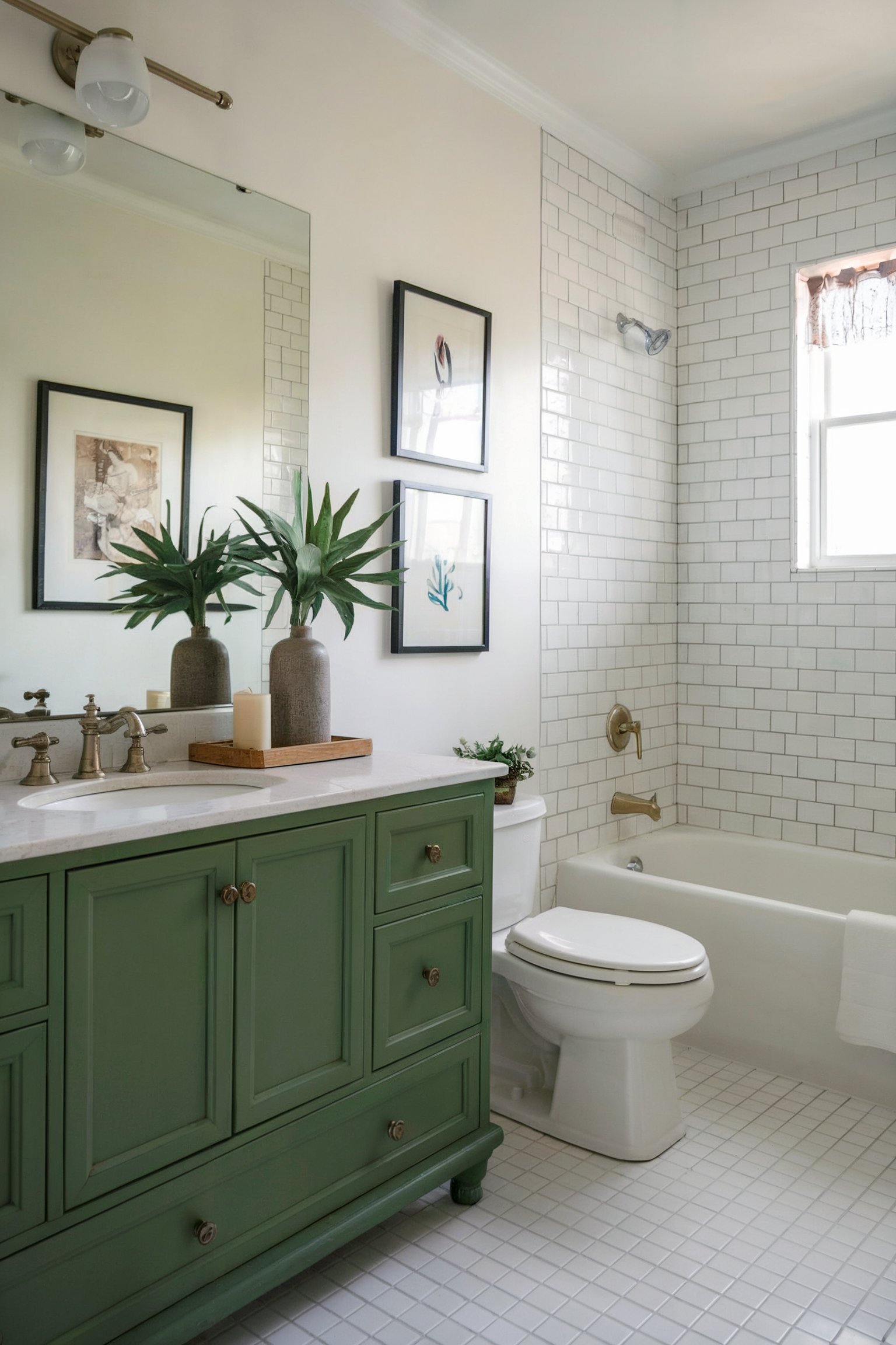 A bright, fresh bathroom with a green vanity, white subway tile, and gold fixtures, creating a simple yet elegant look