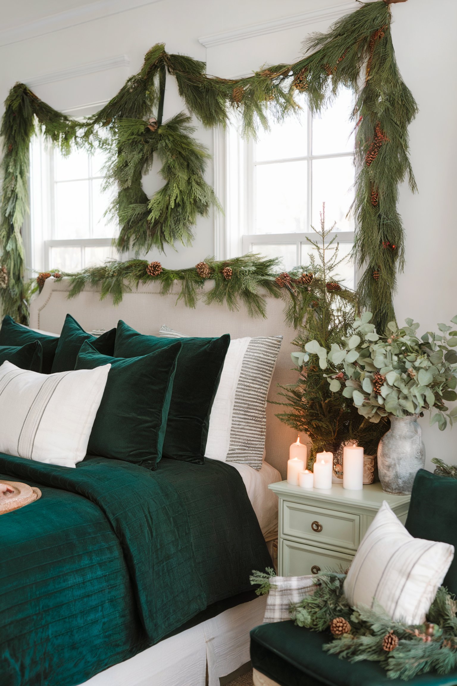 A cozy bedroom decorated with a lush green garland and matching dark green bedding, accented with soft candles