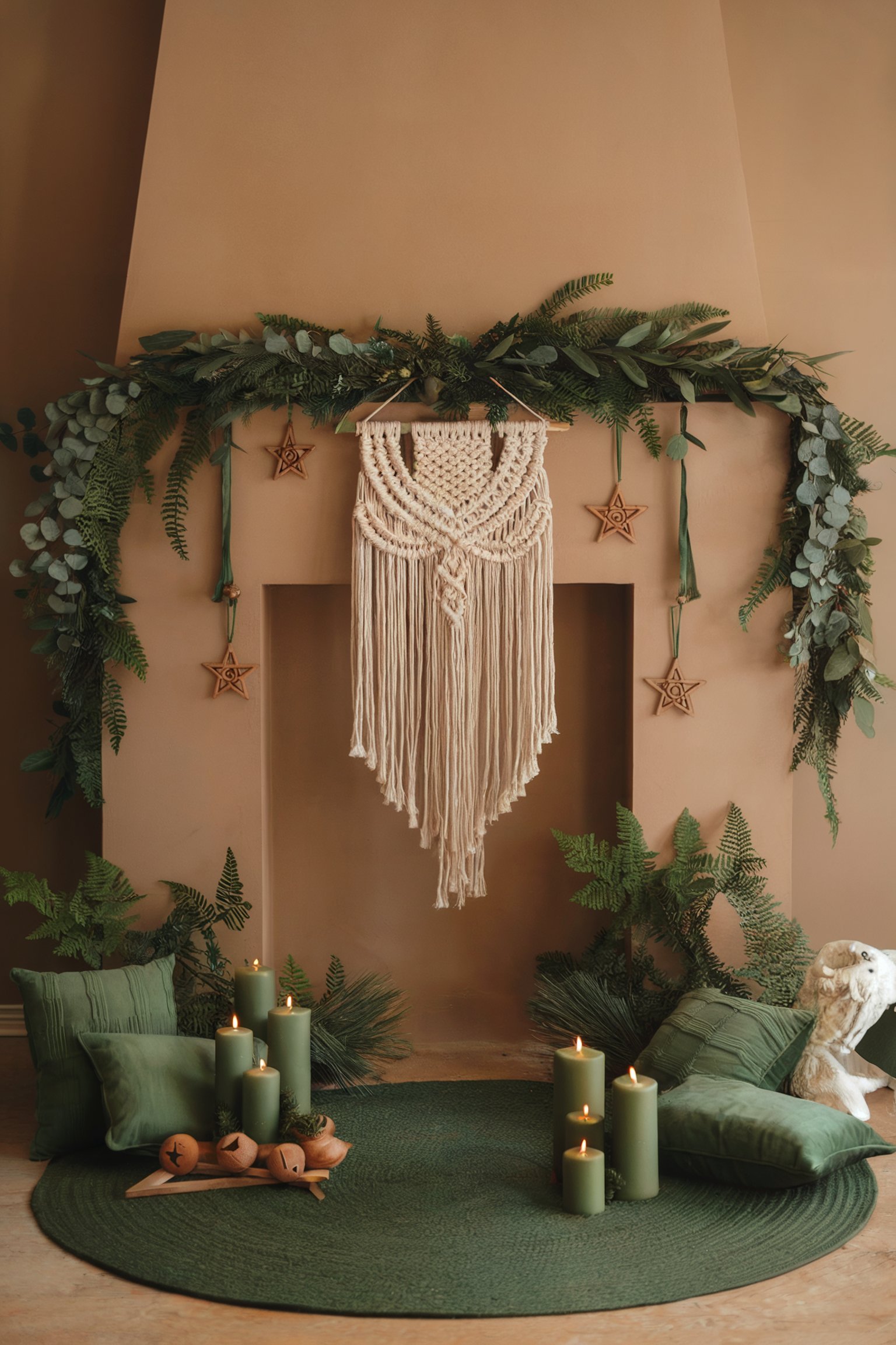 A mantel decorated with green foliage, a macrame hanging, wooden stars, and green candles on a round rug