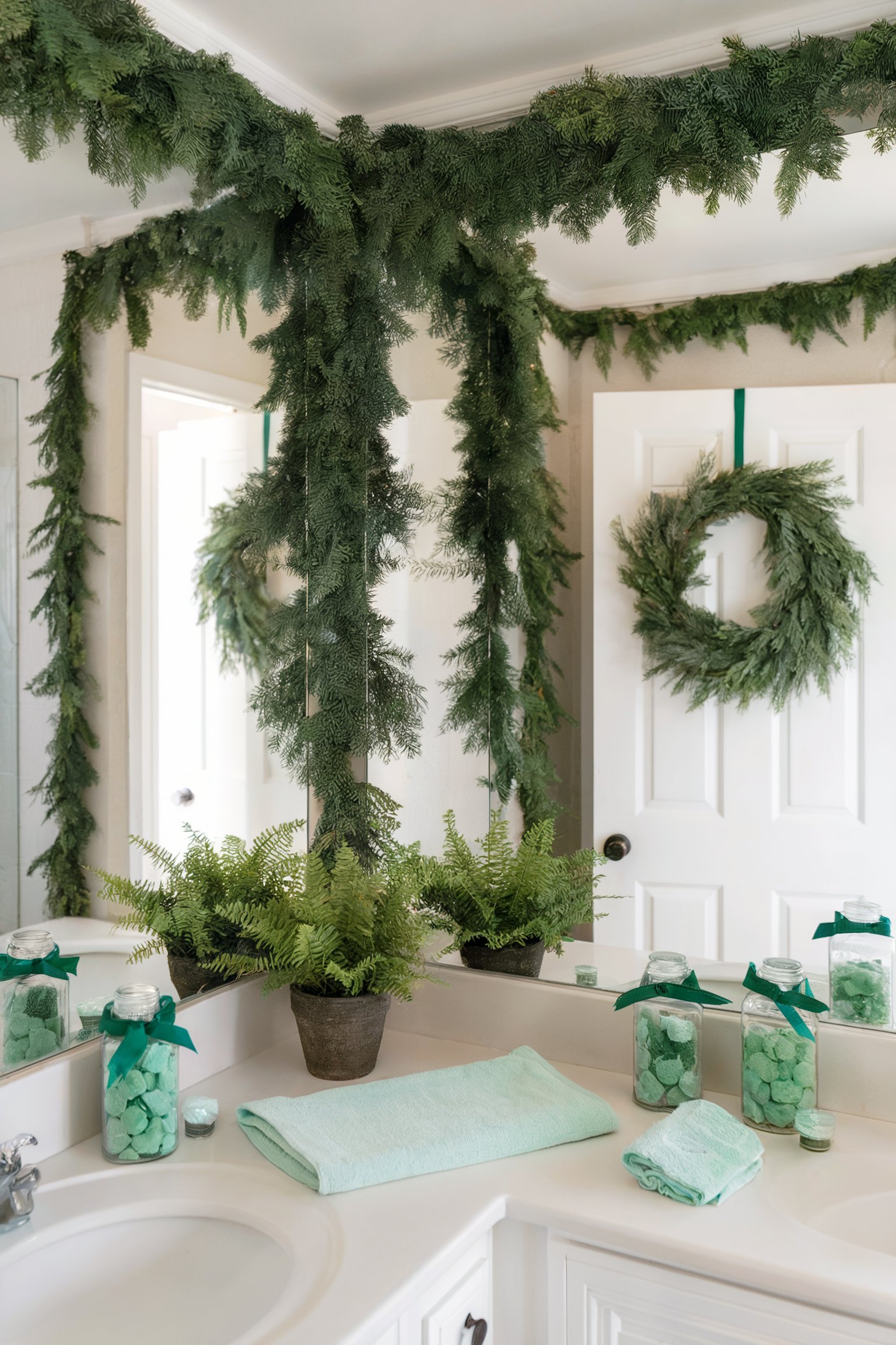 A bathroom decorated with green garlands, wreaths, ferns, and green bath items
