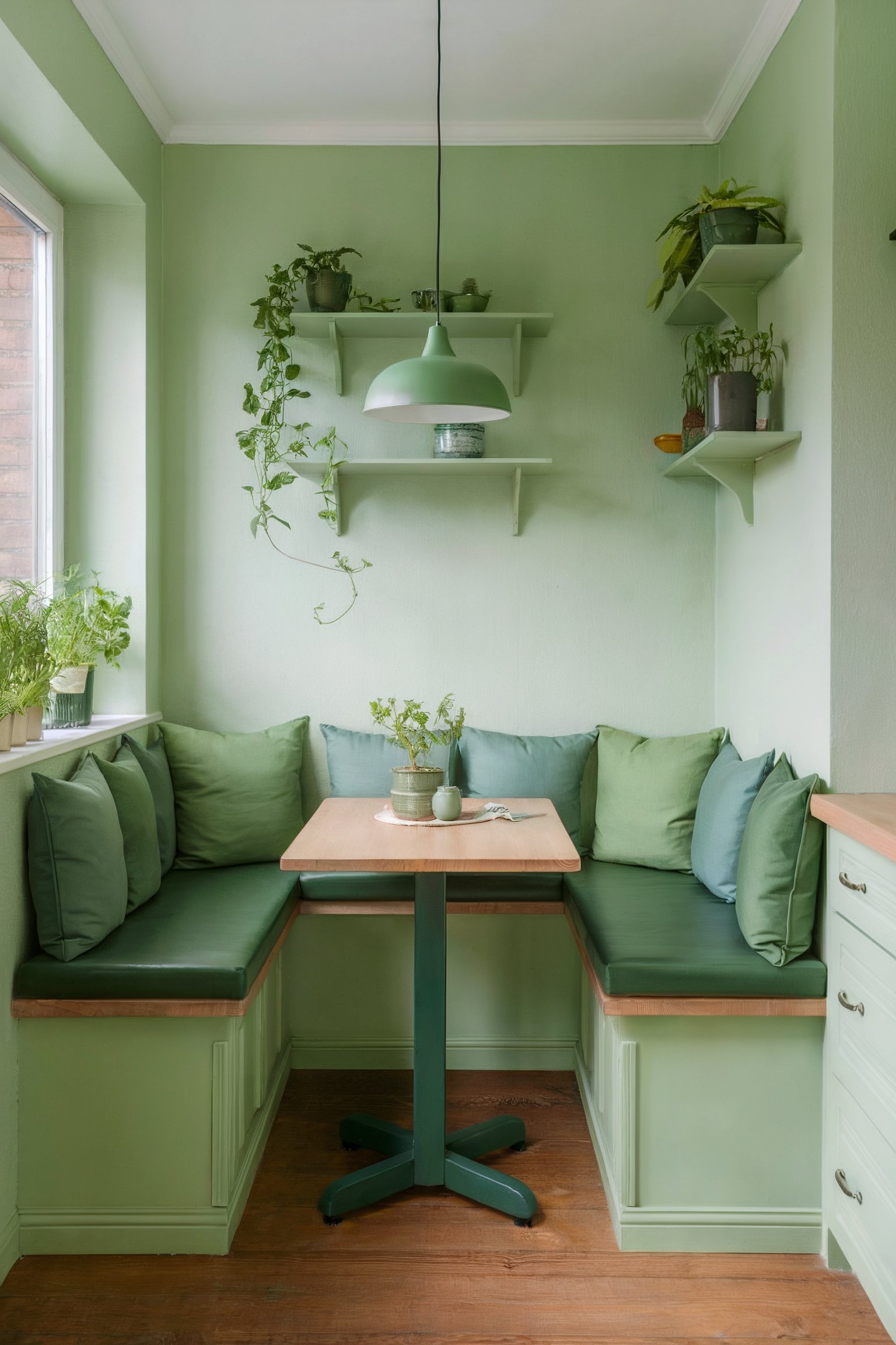 A green kitchen nook with built-in seating, shelves filled with plants, and a green pendant light overhead