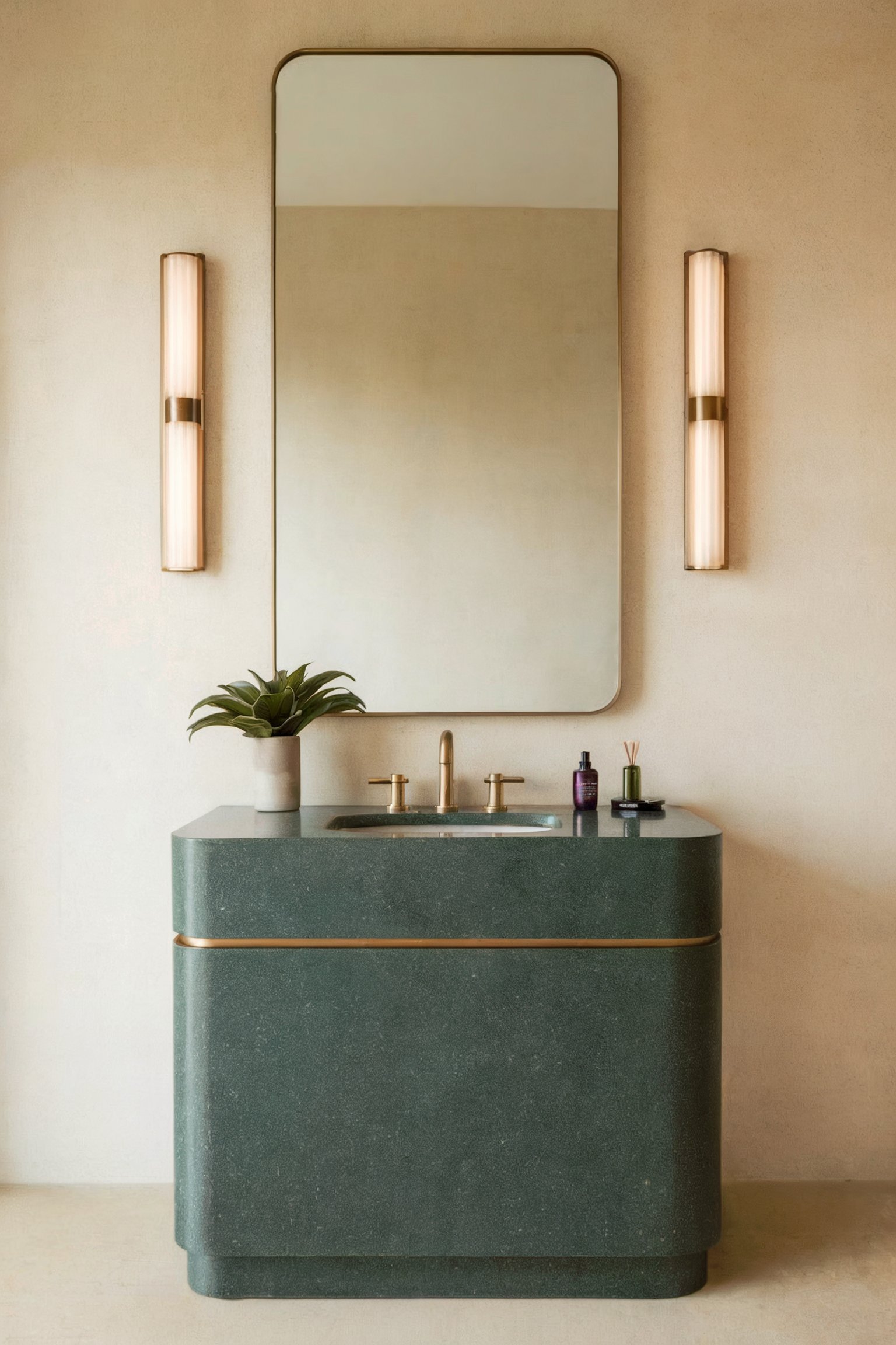 A modern bathroom with a dark green vanity, gold faucet, and a large mirror flanked by vertical lights