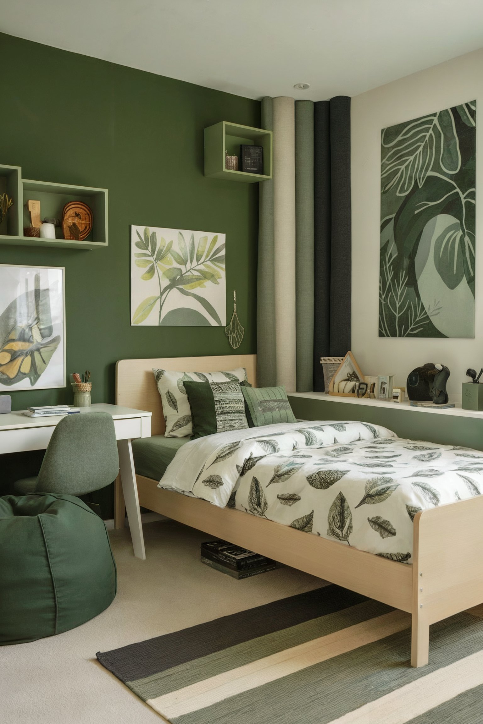 A green nature-themed bedroom with botanical prints, a matching bedspread, and a desk with plants