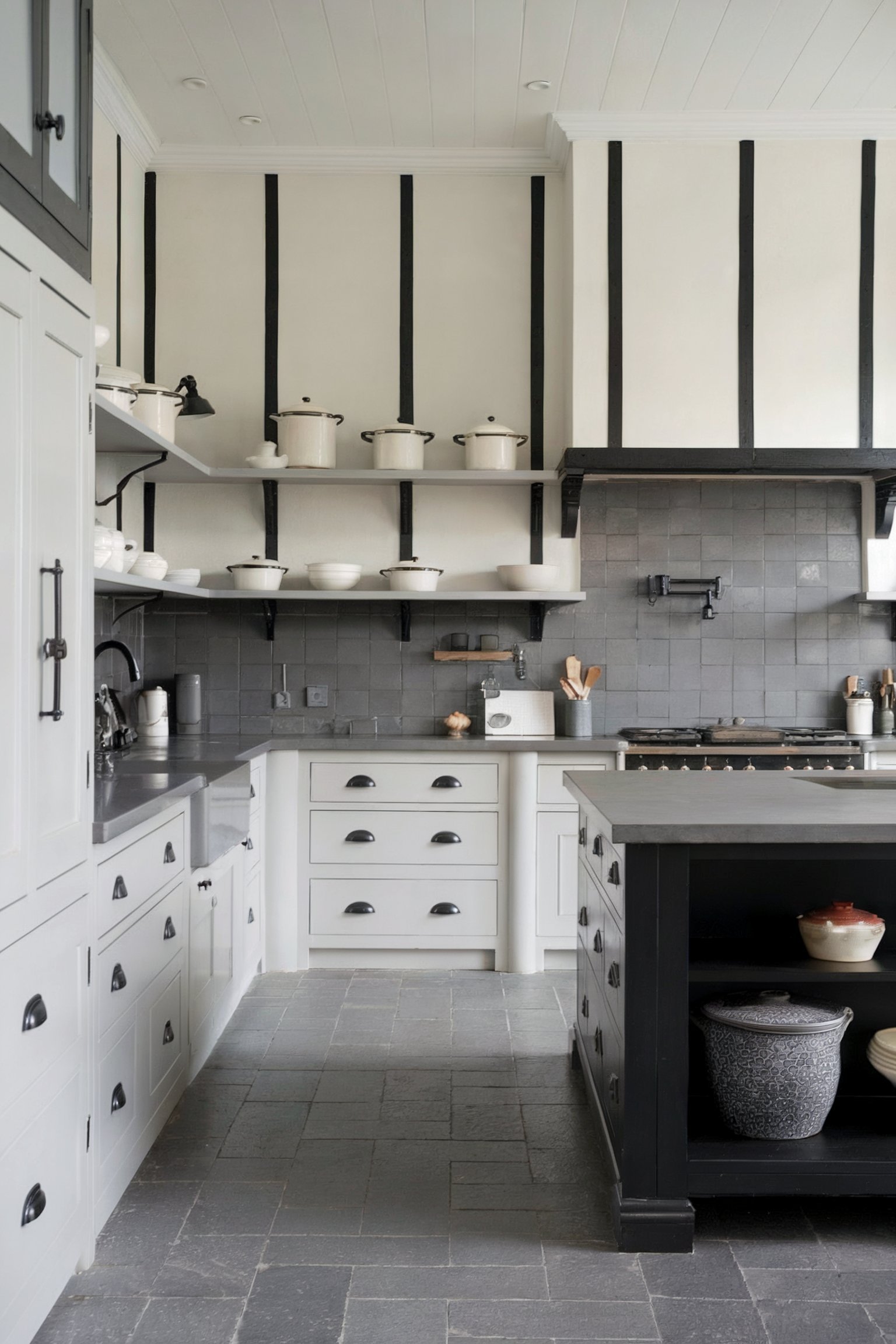 Traditional kitchen with white cabinets, black accents, and grey tile backsplash, featuring open shelving with white cookware
