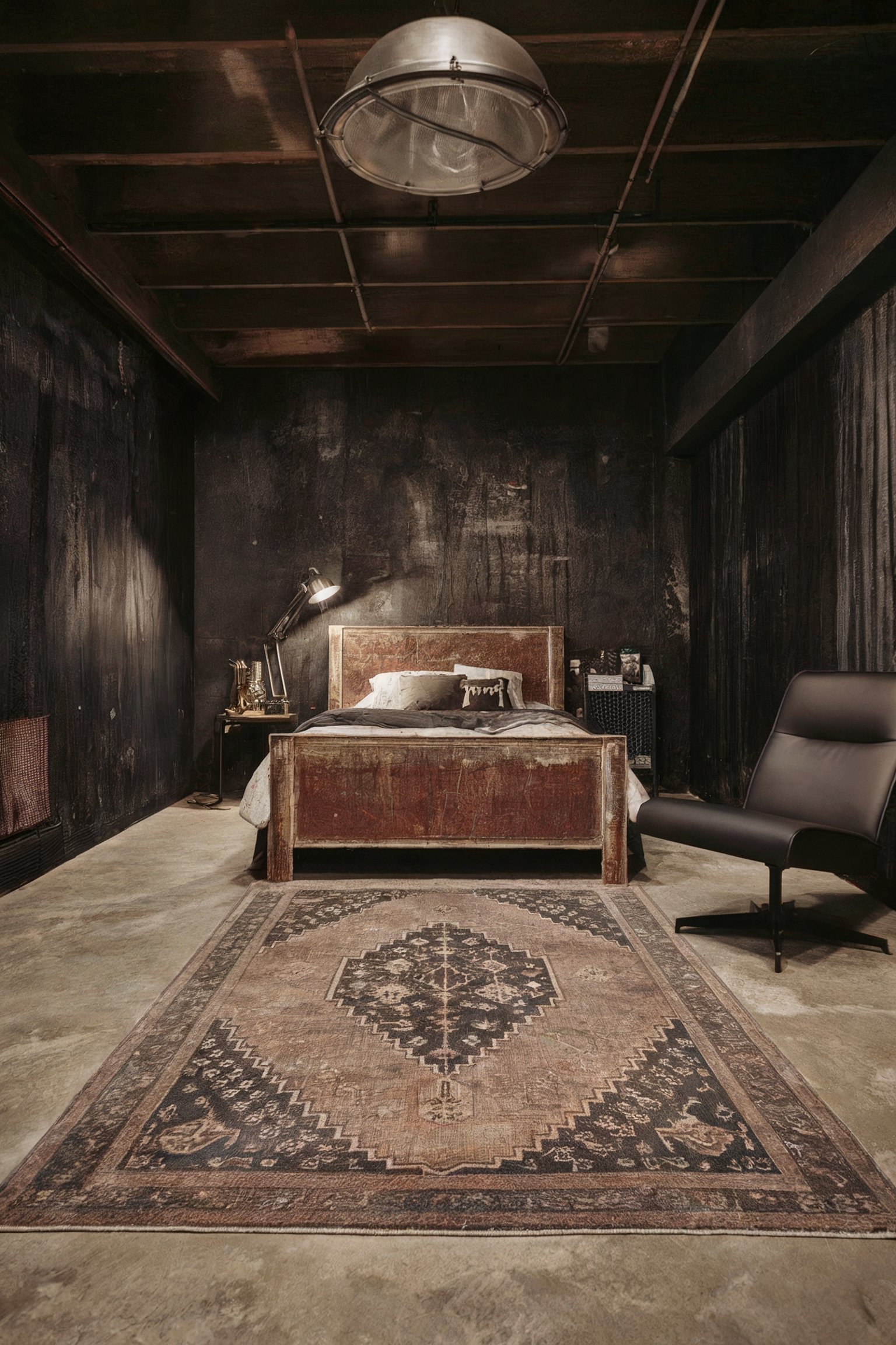 A moody bedroom with dark walls, an industrial ceiling, a rustic wooden bed, and a vintage-style rug