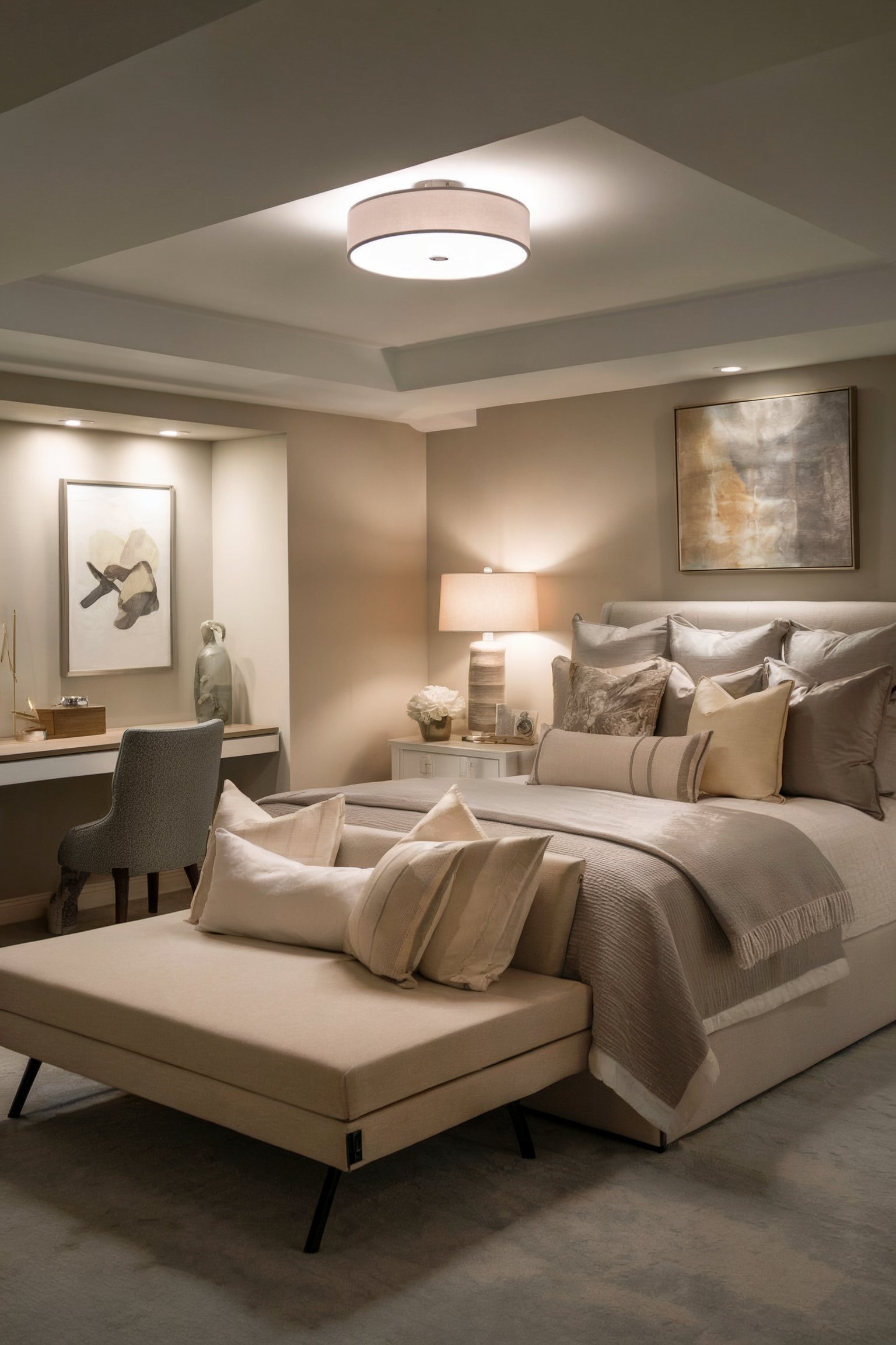 A softly lit guest bedroom with beige and cream decor, an upholstered bed, and a small desk nook