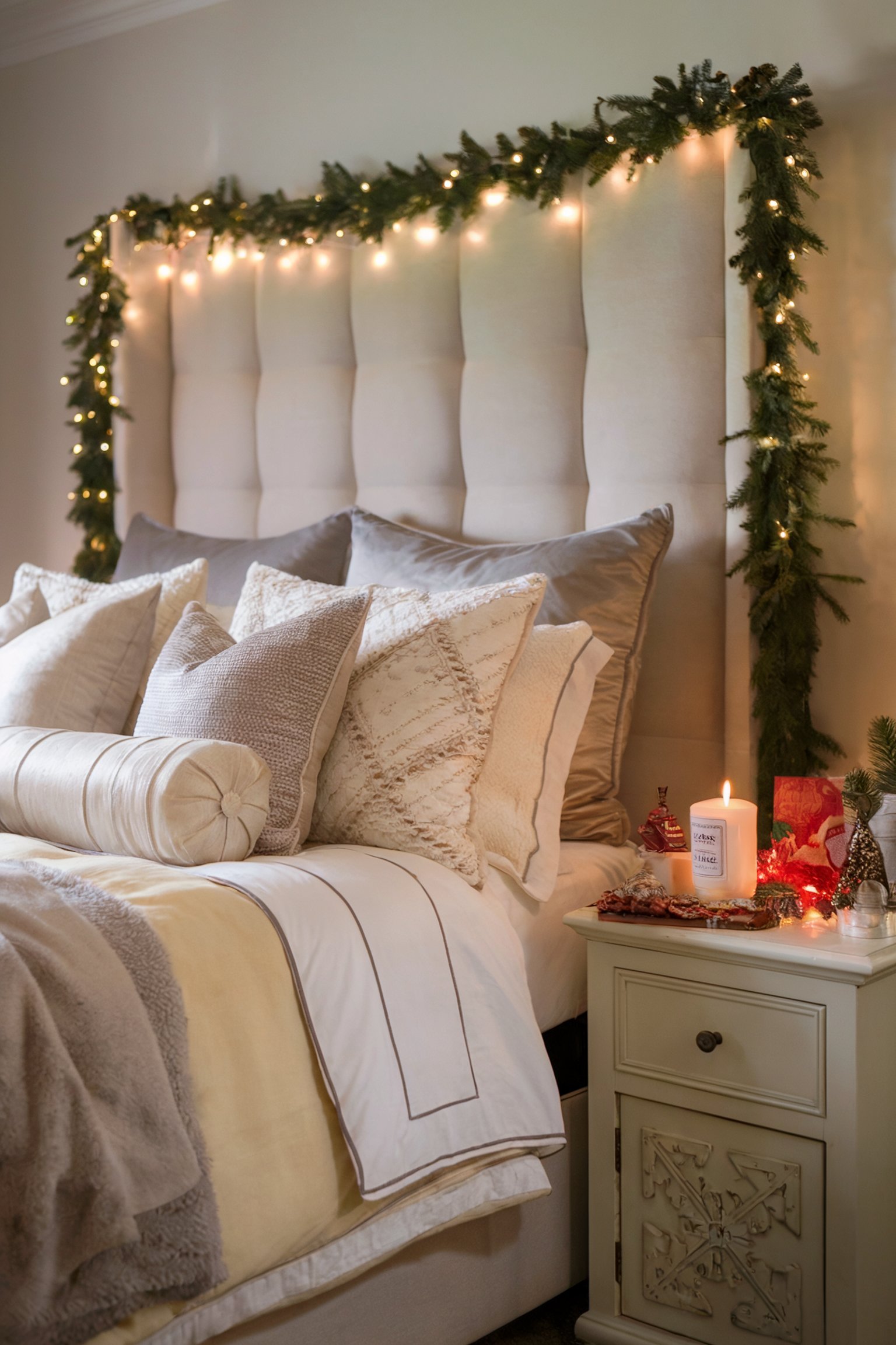 A soft beige and white bedroom decorated for the holidays with a lush garland and warm string lights draped across the headboard