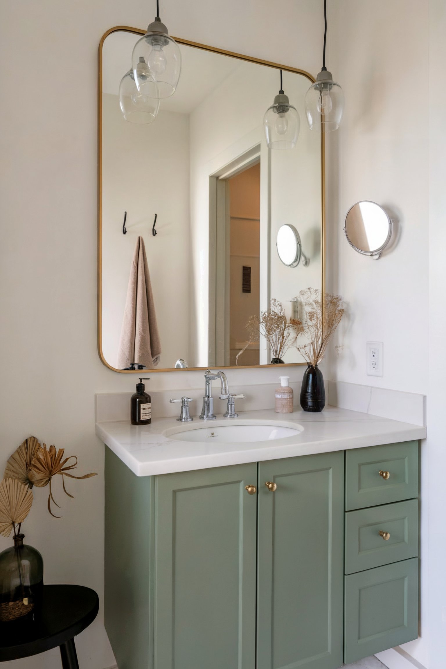 A modern bathroom vanity with light green cabinets, a white countertop, and a large gold-framed mirror with pendant lights