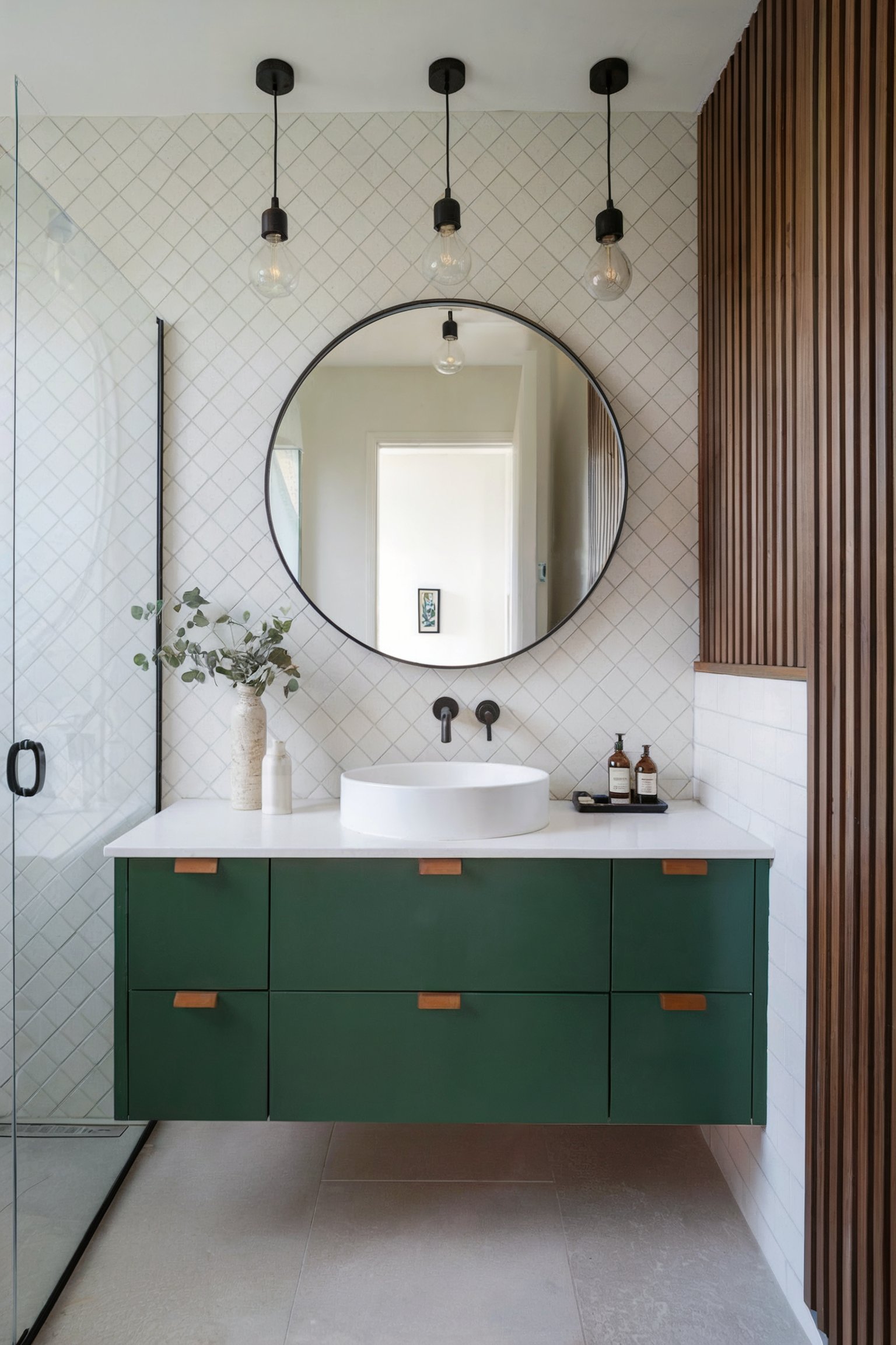 A modern bathroom with a floating green vanity, round sink, large circular mirror, and black pendant lights against white tiles and wood paneling