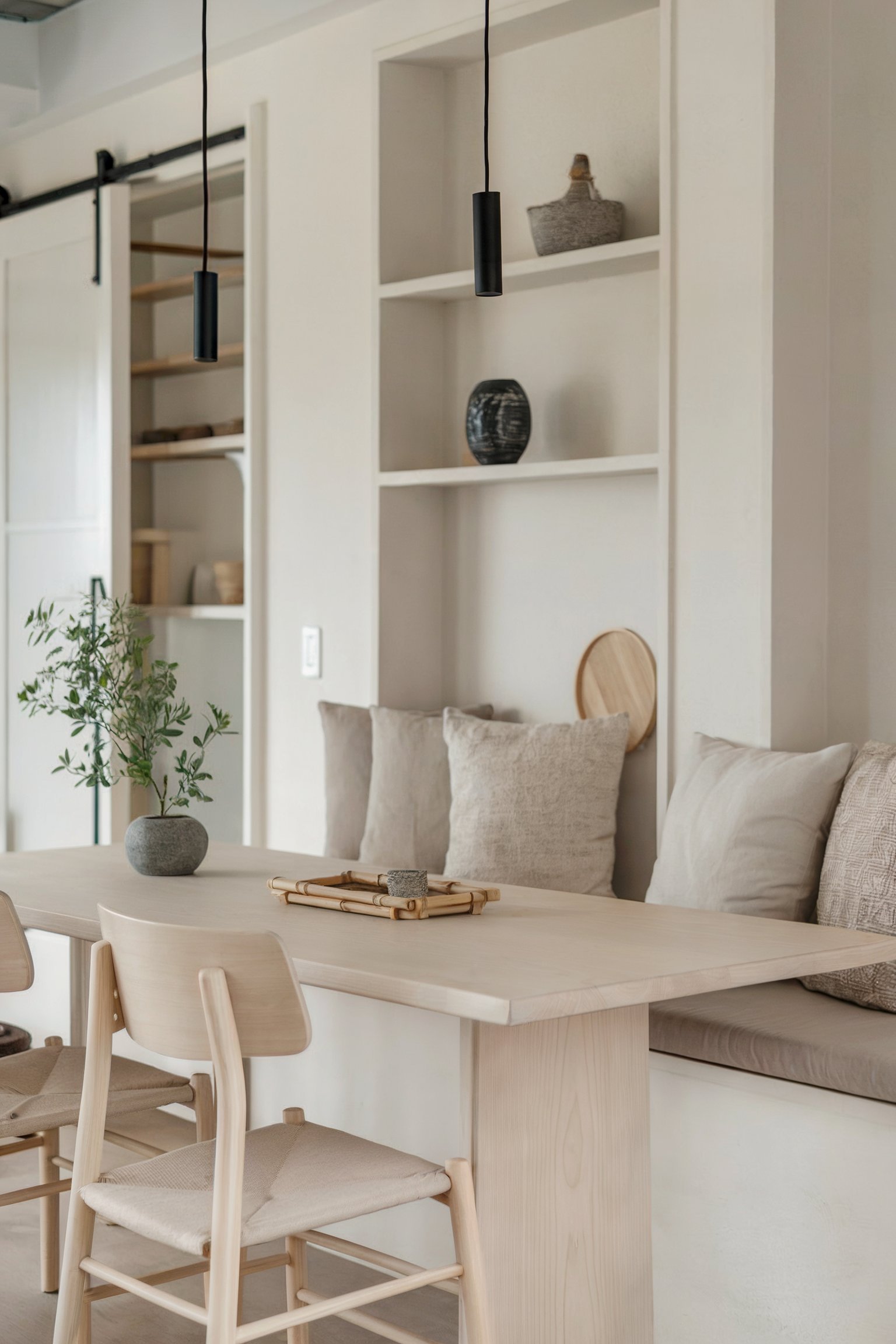 A minimalist Japandi kitchen nook with soft neutral tones, built-in seating, and natural decor accents