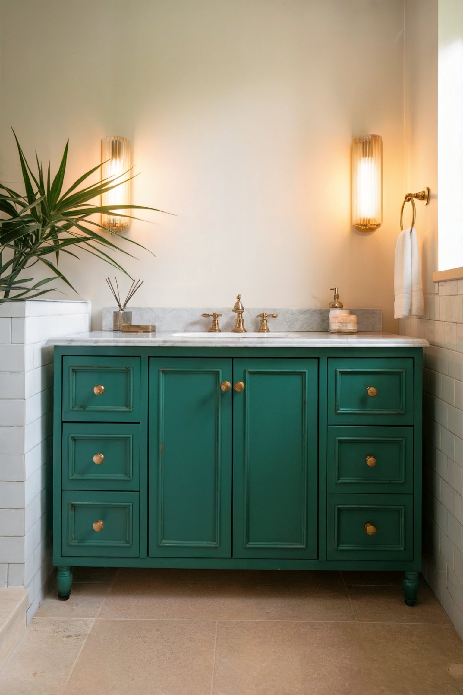 A jewel-green vanity with gold hardware stands in a neutral-toned bathroom, flanked by soft wall lighting and a lush green plant