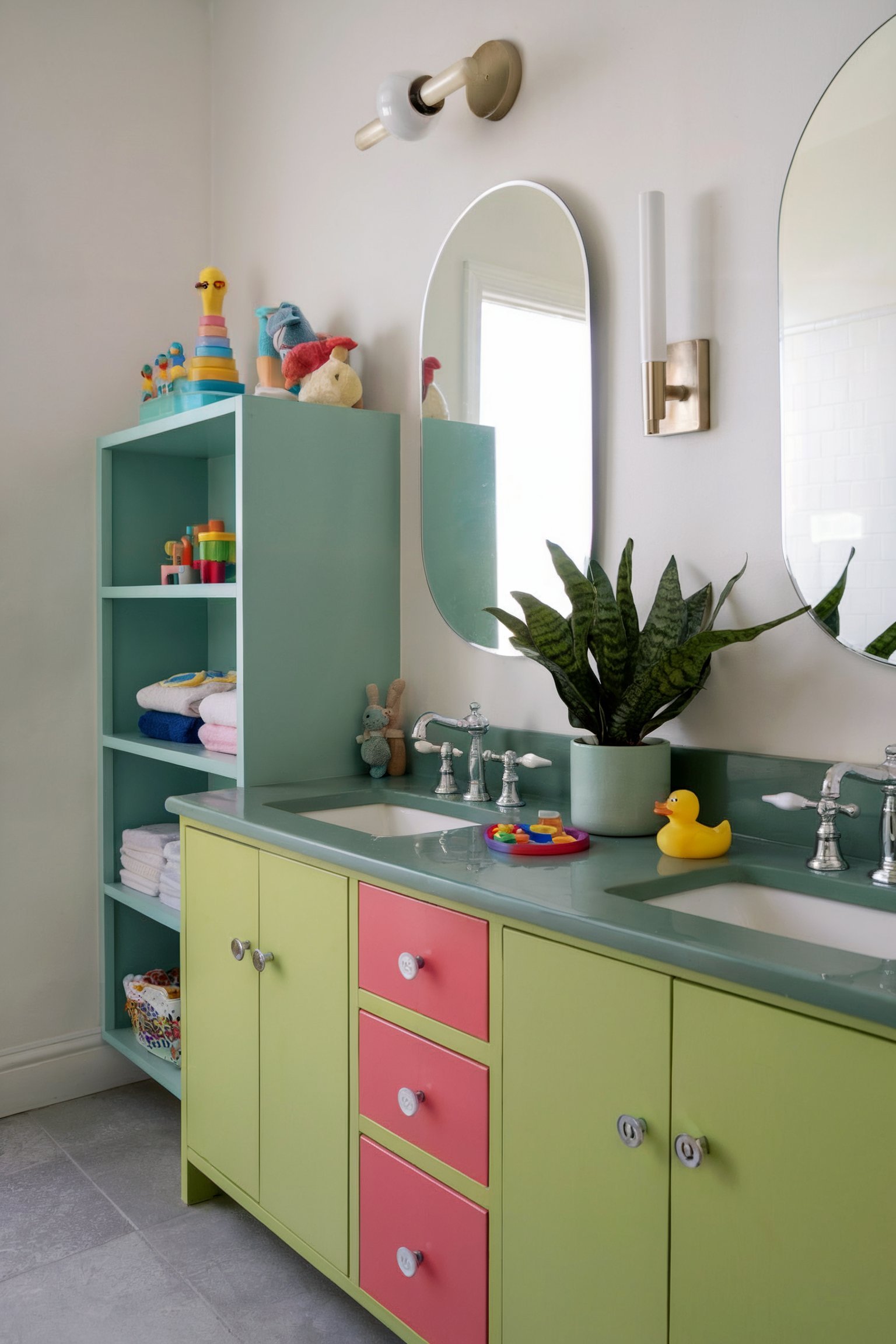 Kids bathroom with a two toned green vanity next to shelves holding bath toys and towels