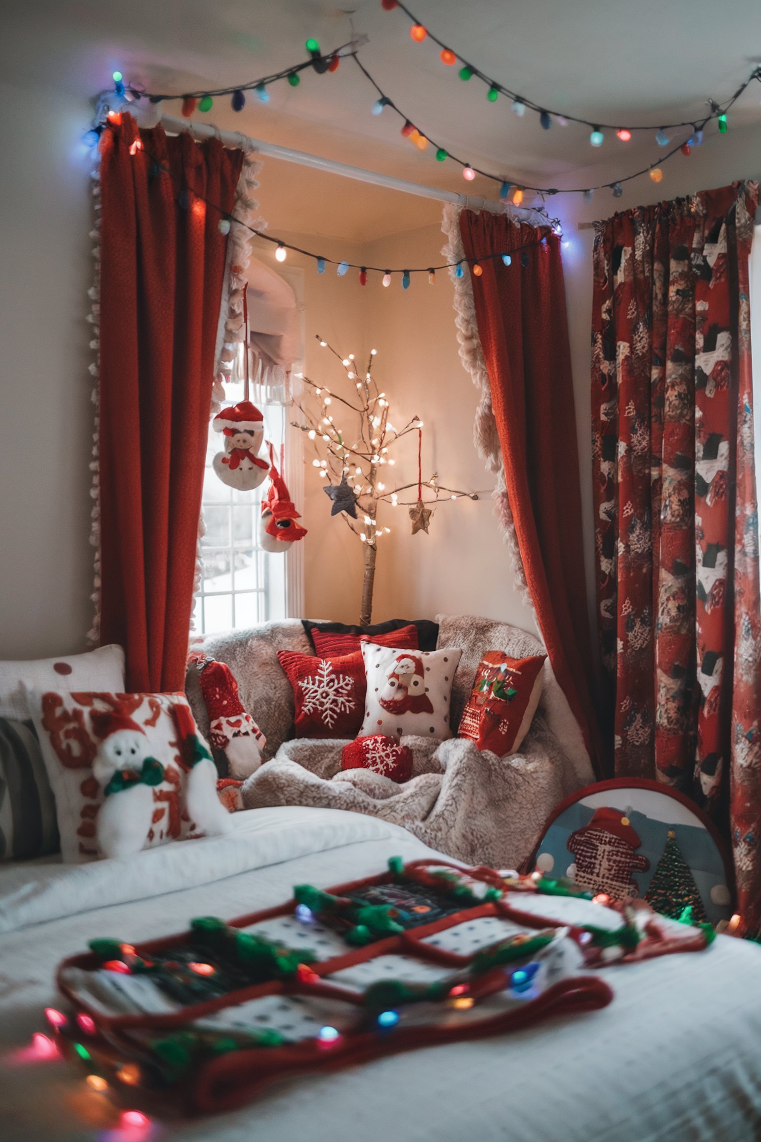 A kid's bedroom filled with colorful Christmas lights, festive decorations, and a cozy reading nook with snowman pillows and blankets