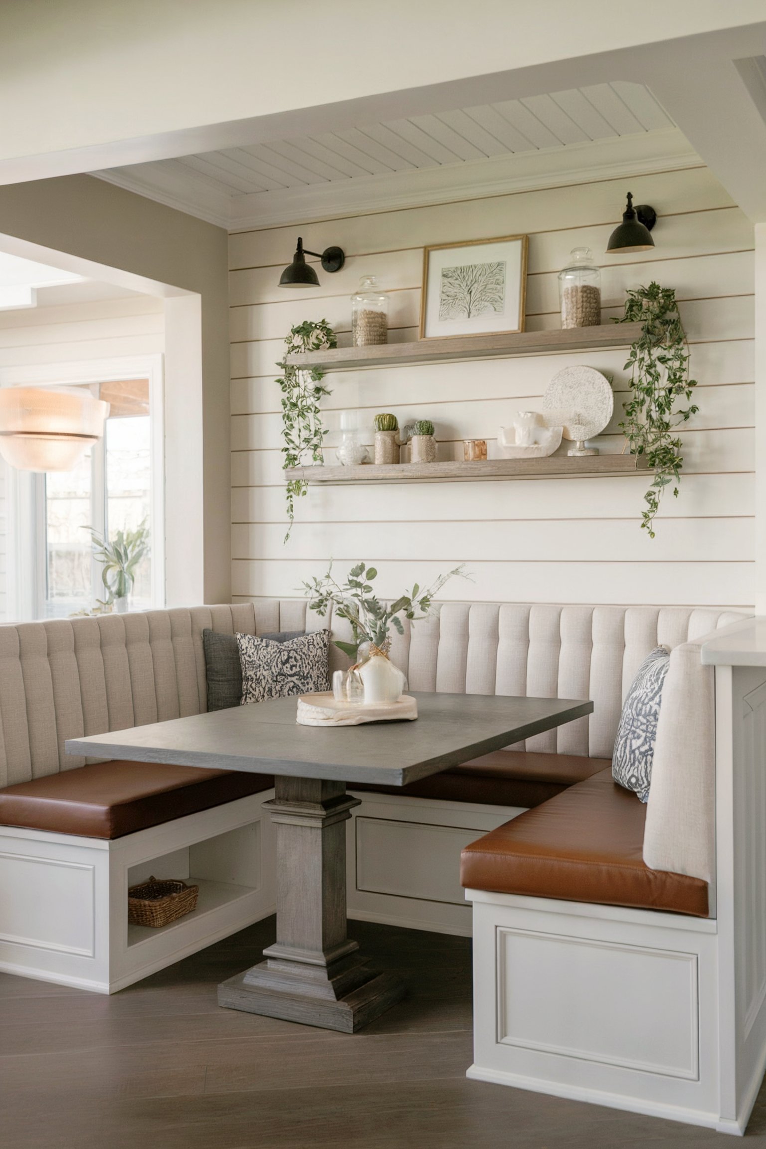 A cozy breakfast nook with tufted banquette seating and shiplap walls, featuring floating shelves with decor items and plants