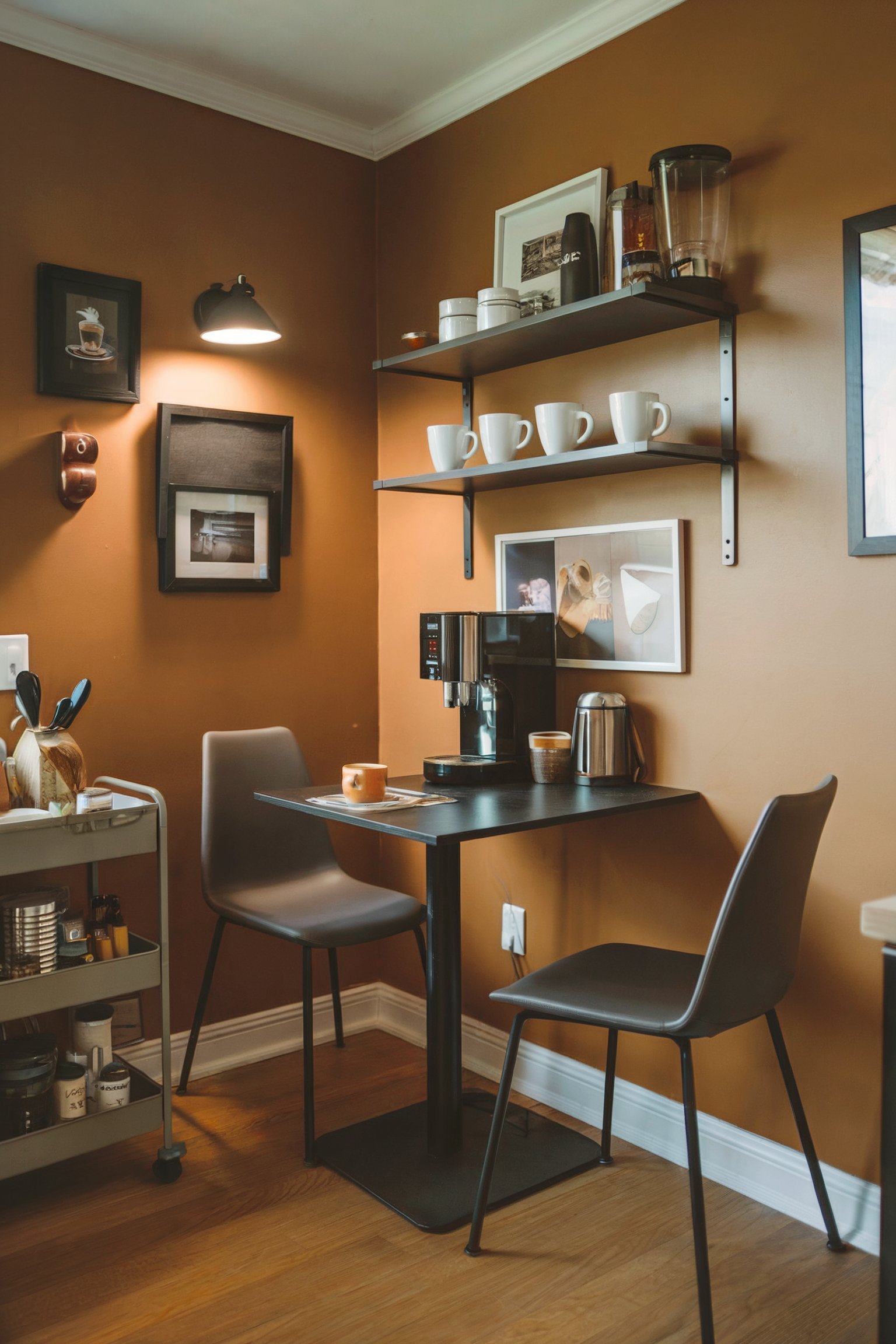A cozy coffee nook with brown walls, a small table, two modern chairs, and a coffee setup on shelves above
