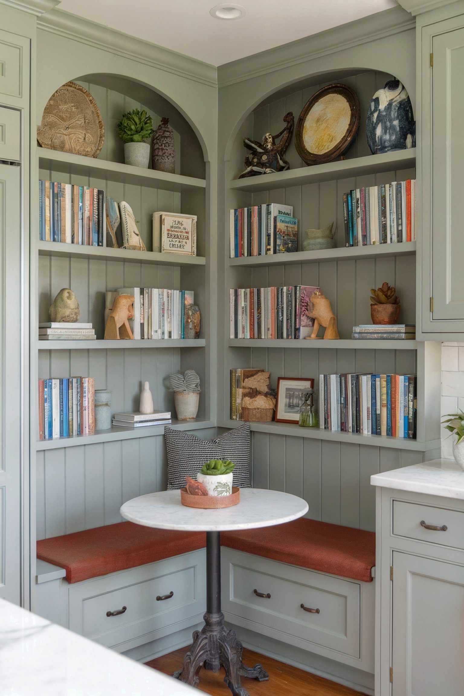 A small kitchen nook featuring a built-in bench, surrounded by bookshelves filled with decor and books