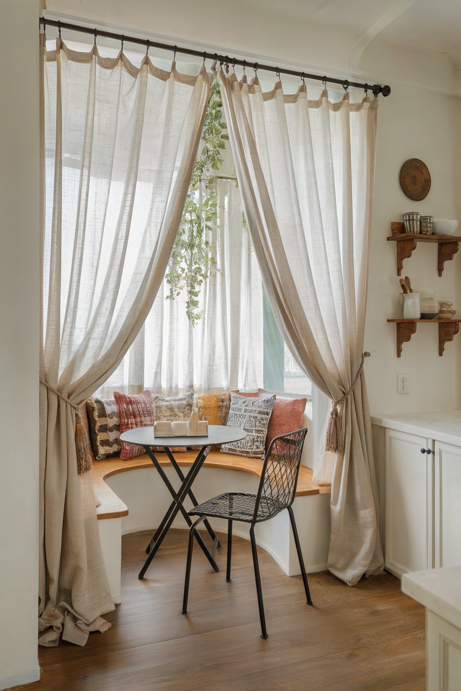 A small, intimate nook with draped curtains and colorful pillows surrounding a round table