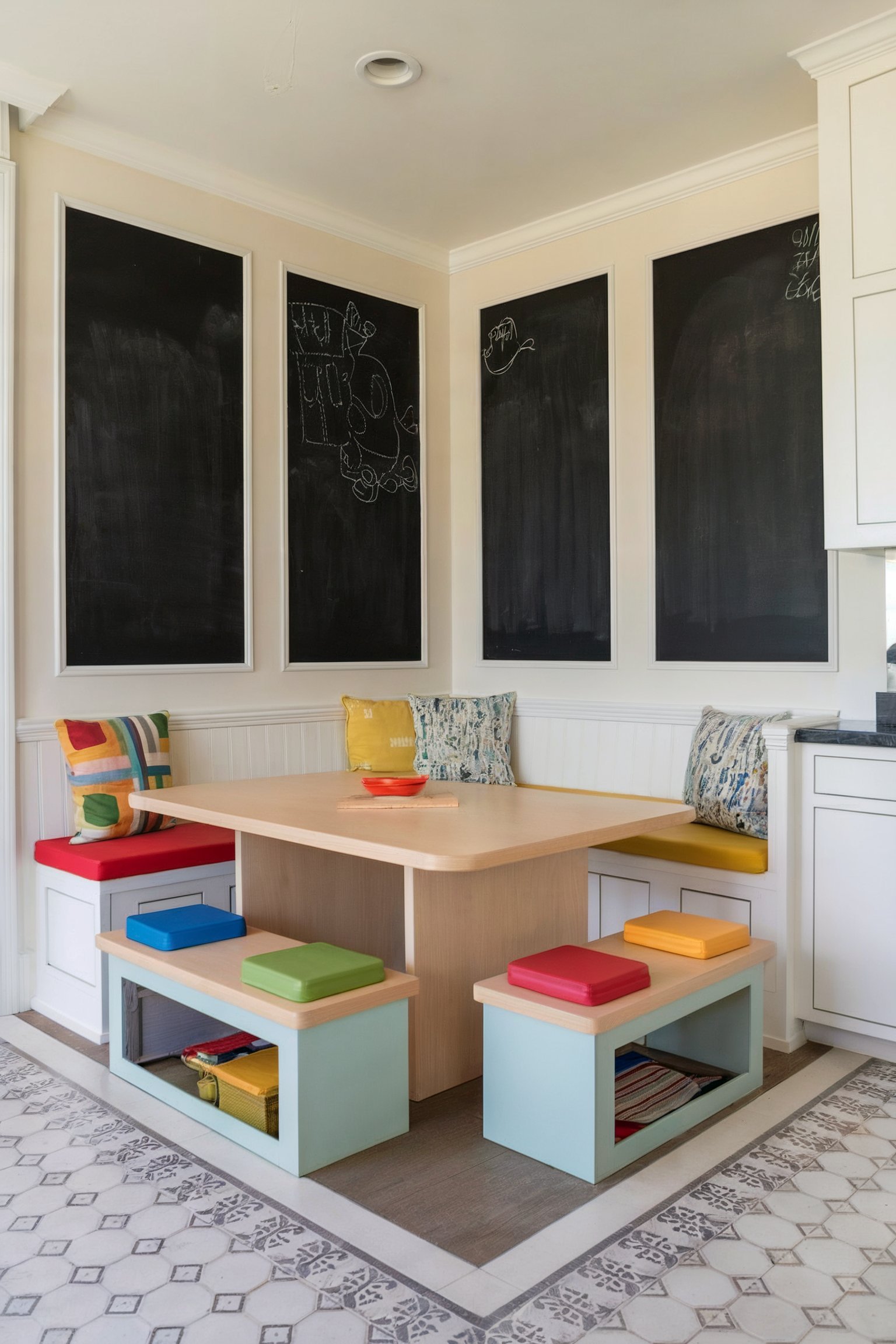 A kid-friendly dining nook featuring a chalkboard wall, bright pillows, and colorful chairs around a small table