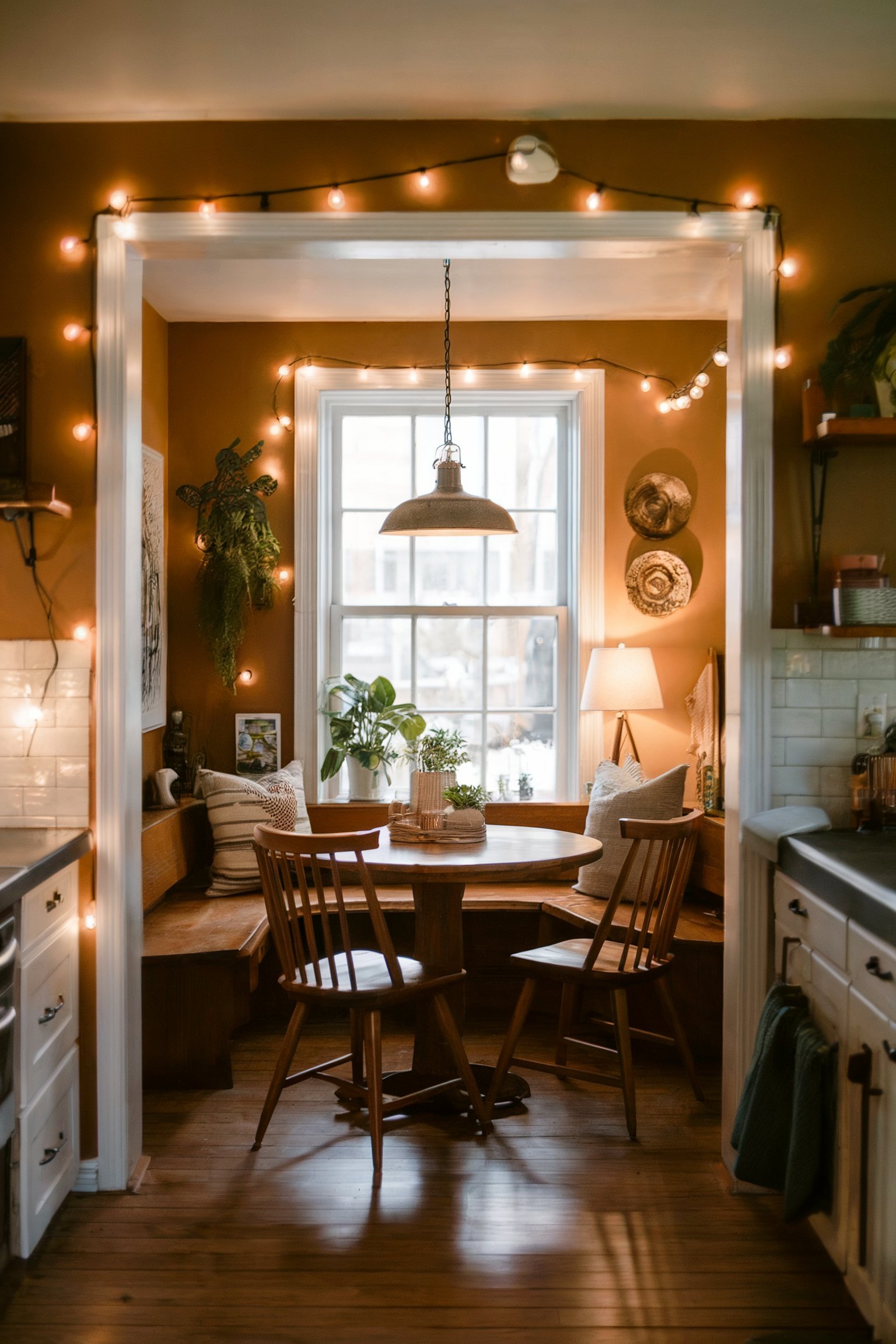 A warm and rustic kitchen nook with string lights and a round table, perfect for a cozy gathering