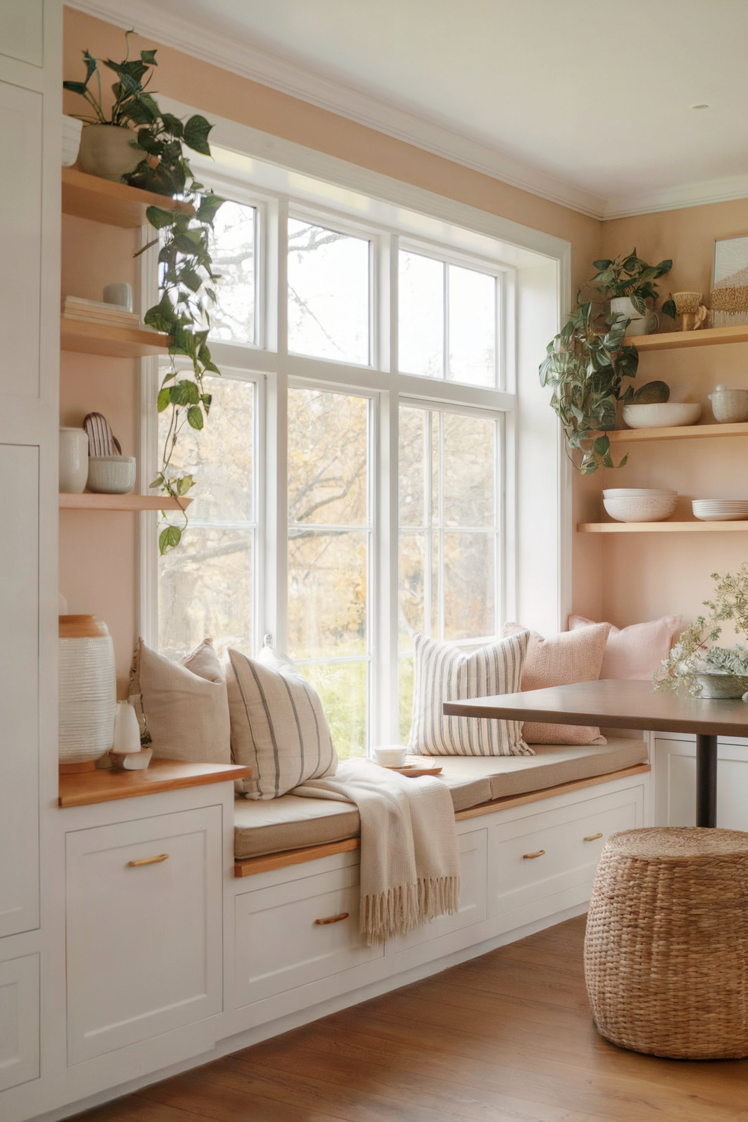 A cozy kitchen nook with a large window, built-in seating, neutral-toned pillows, and greenery on wooden shelves