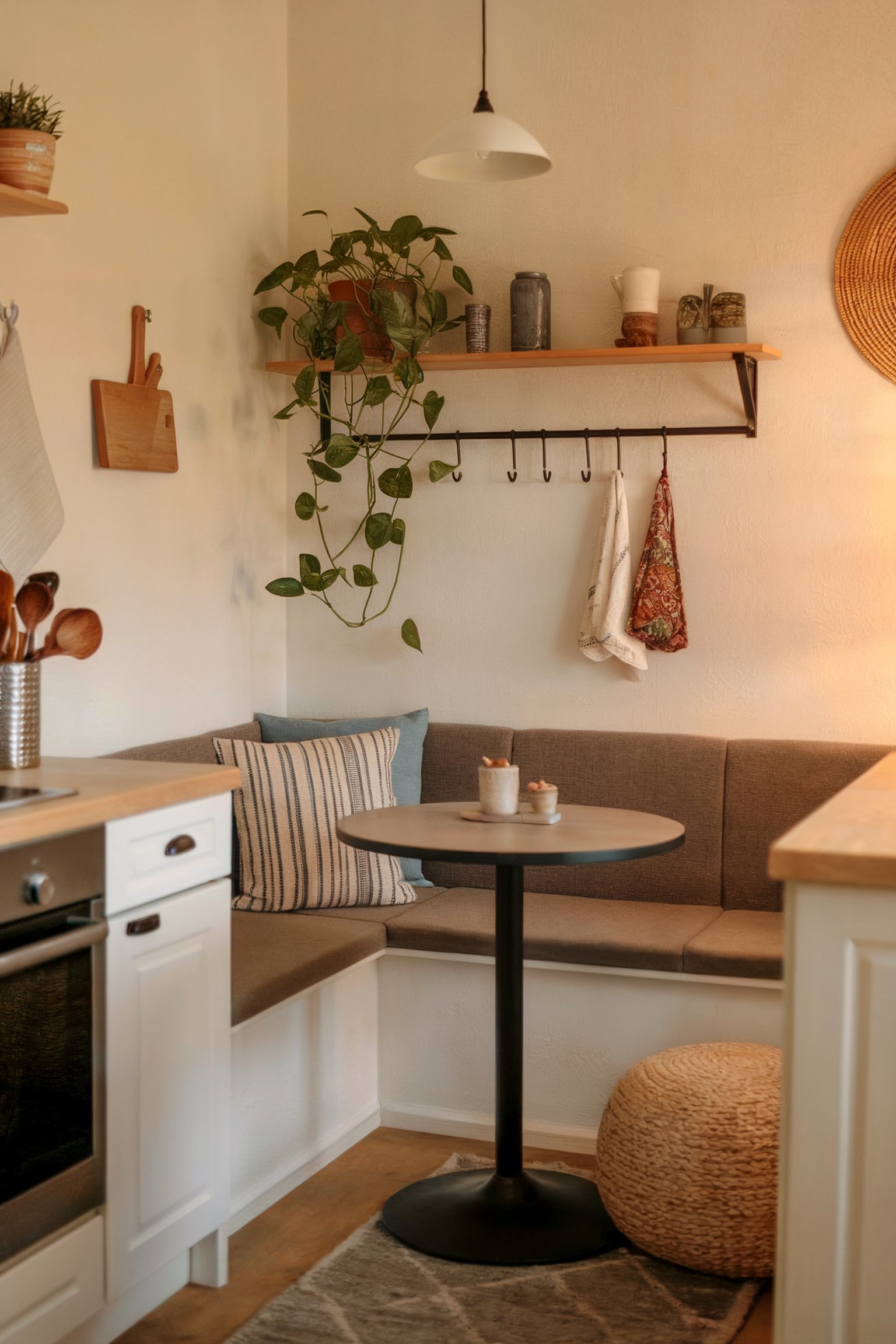 A cozy kitchen nook with a built-in bench, a round table, and warm decor, including hanging plants and shelves