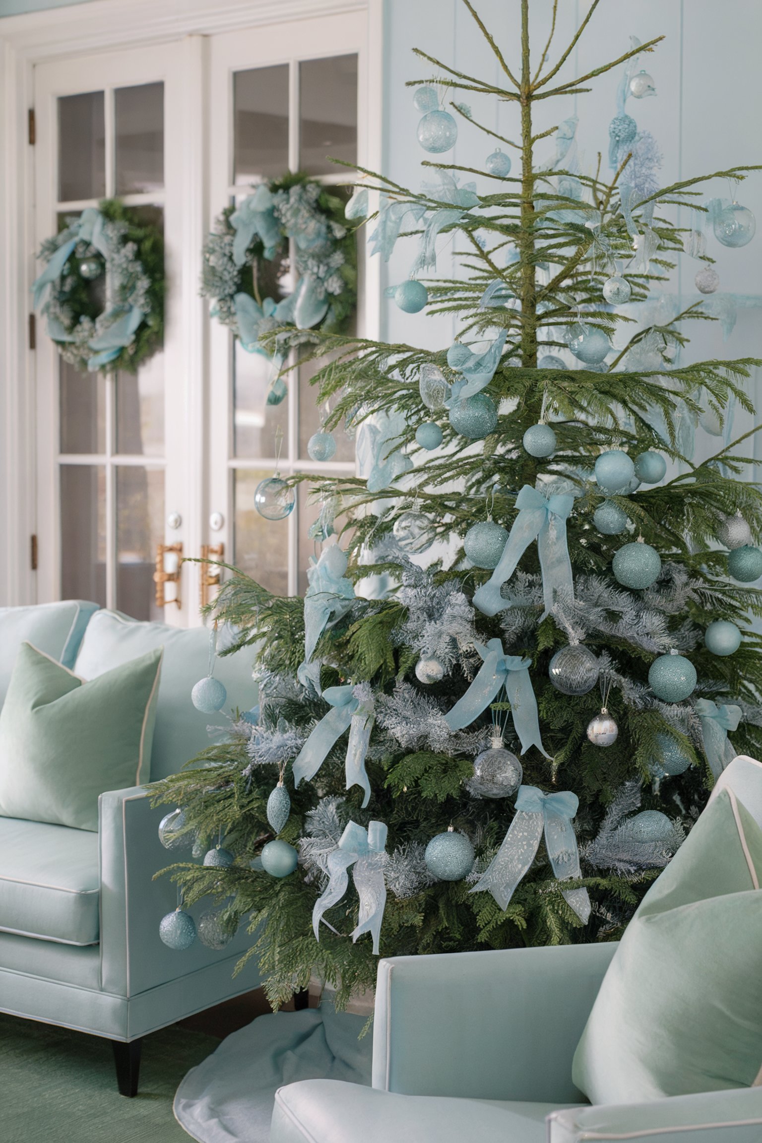 Light blue and silver-decorated tree in a pastel living room with matching wreaths