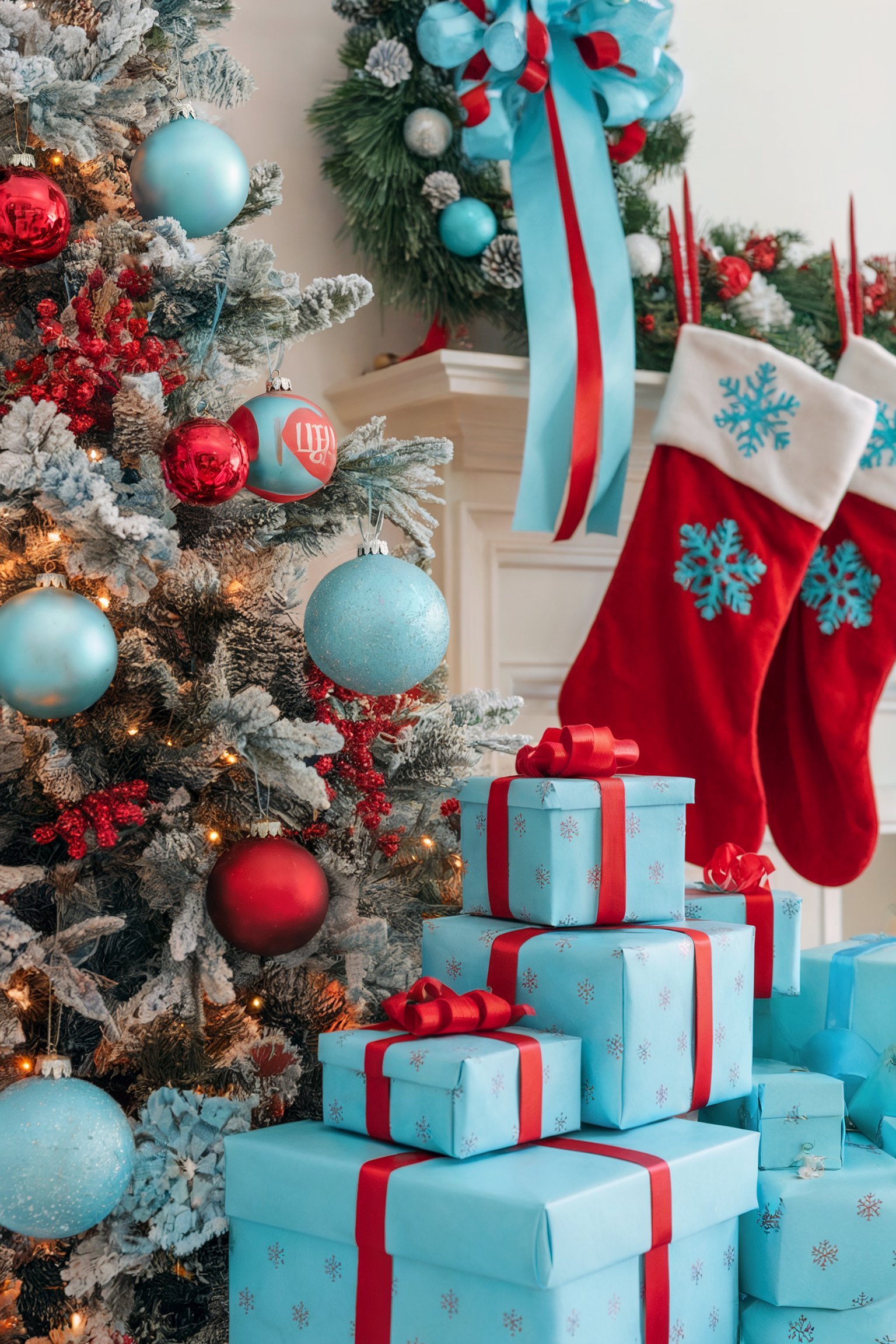 A frosted Christmas tree with red and light blue ornaments, matching red stockings with snowflake designs, and stacked light blue gift boxes tied with red ribbons