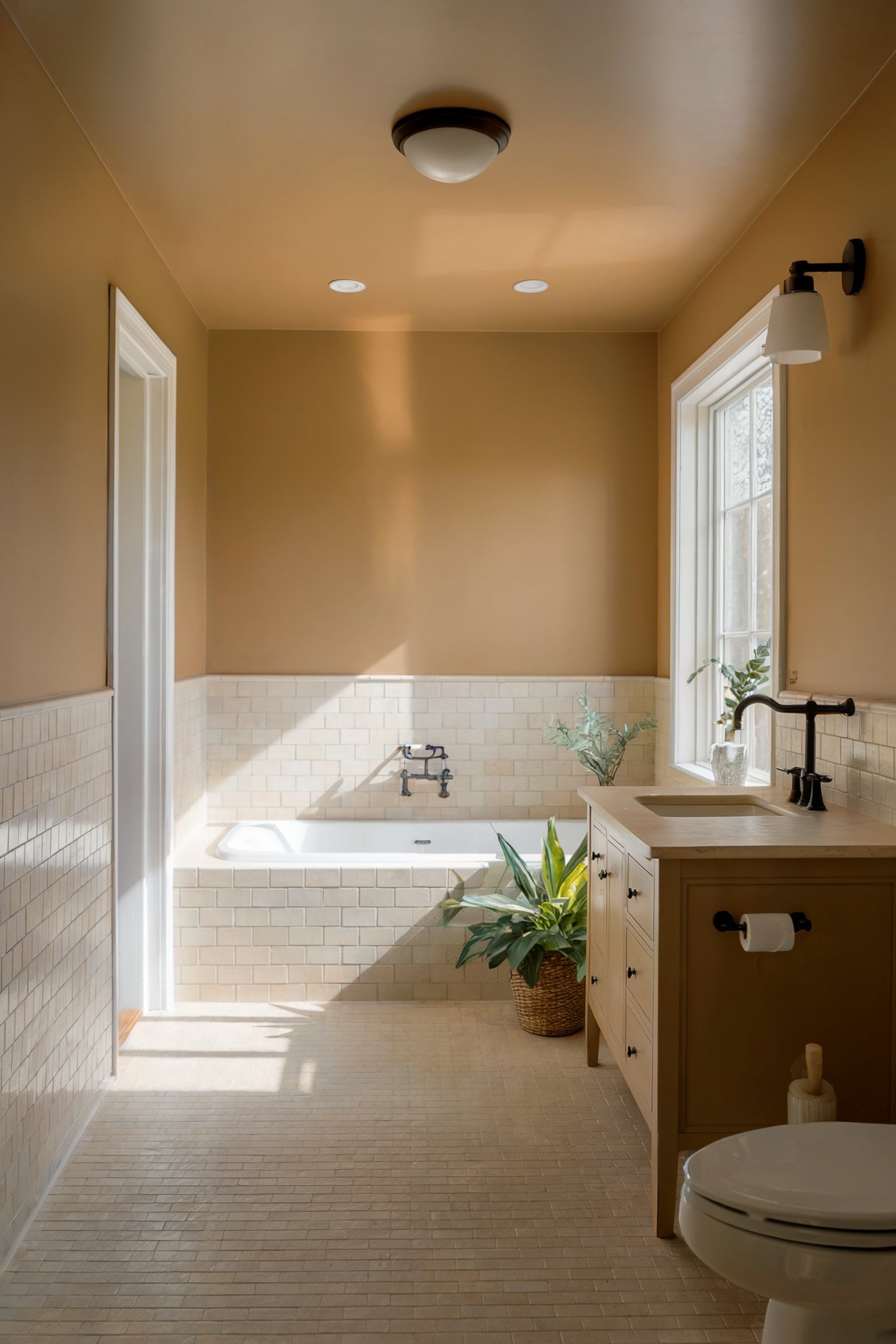 A narrow bathroom with warm beige walls and a built-in bathtub, featuring a wooden vanity with a potted plant