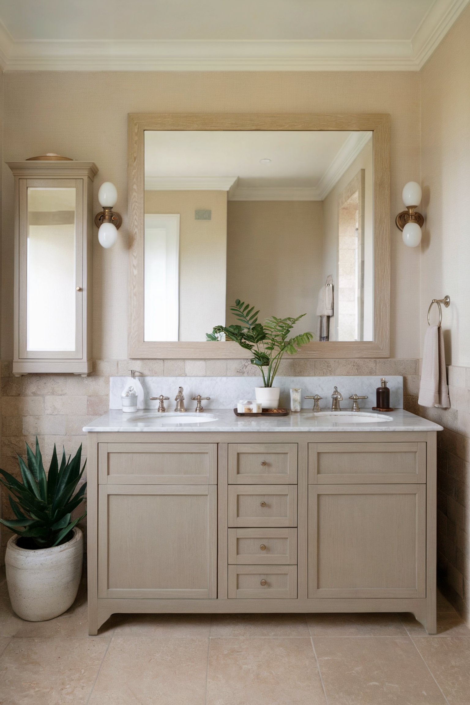 A bathroom with a beige vanity and double sink, a large framed mirror, and a potted plant on the countertop, all set against textured walls