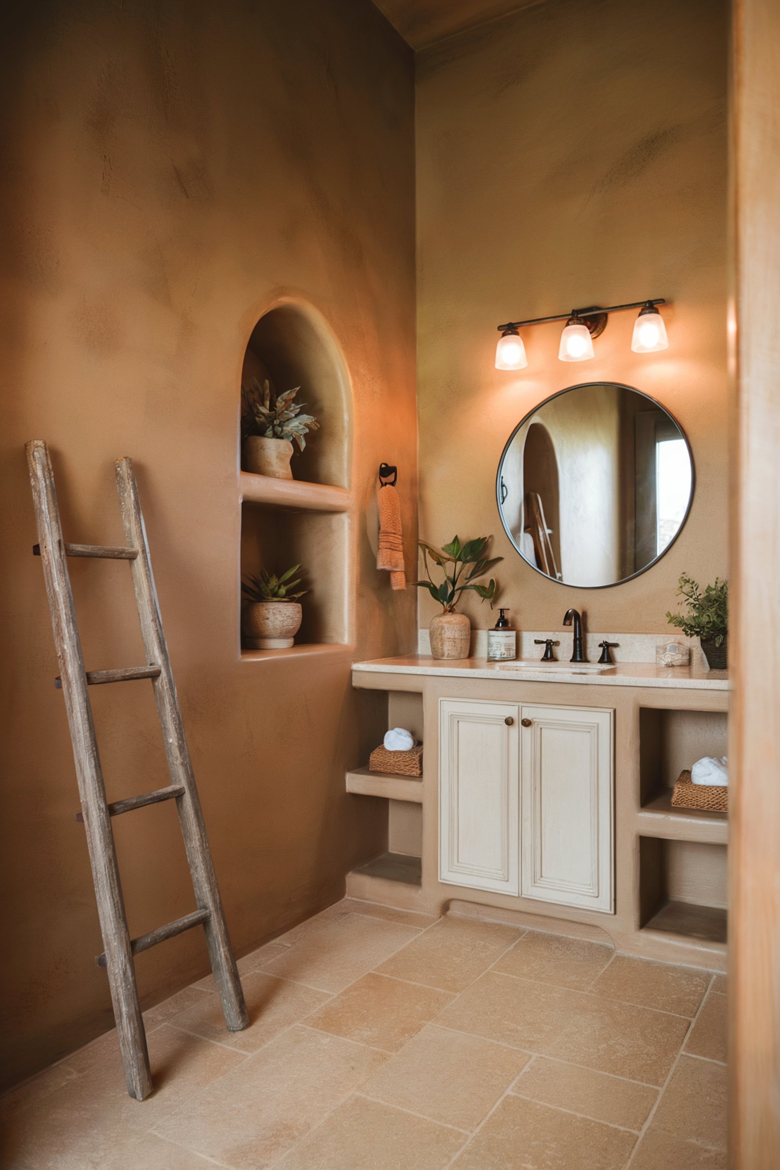 A cozy, rustic bathroom with earthy tan walls, a round mirror above a light-colored vanity, built-in shelving with decorative plants, and a leaning wooden ladder