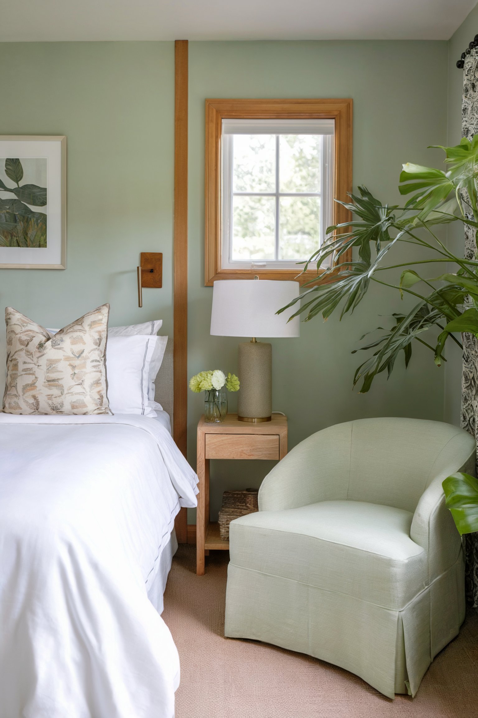 Guest bedroom with a green wall, white bedding, and a green armchair
