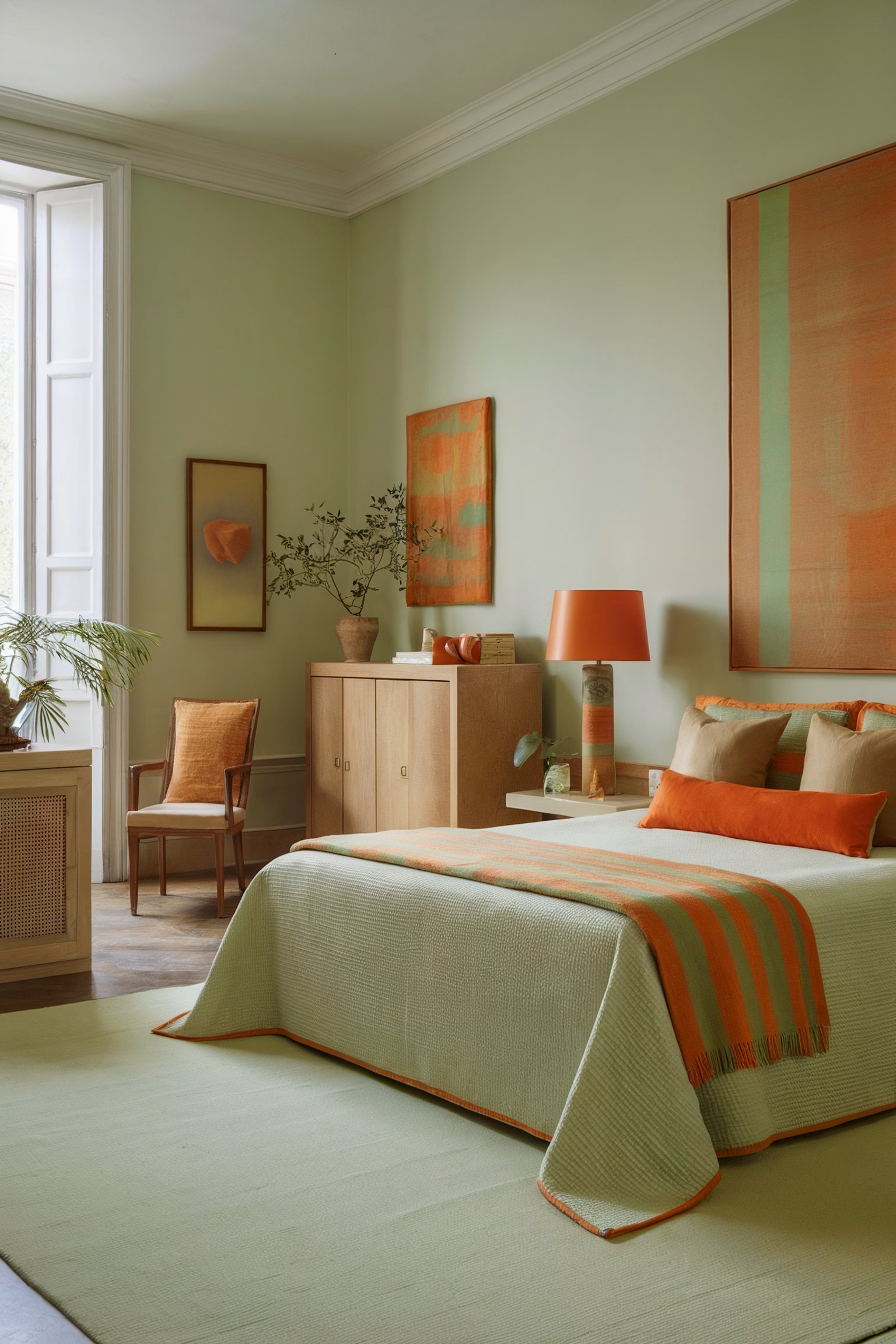 A bedroom with light green walls and a mix of green and orange bedding, paired with matching wall art and decor