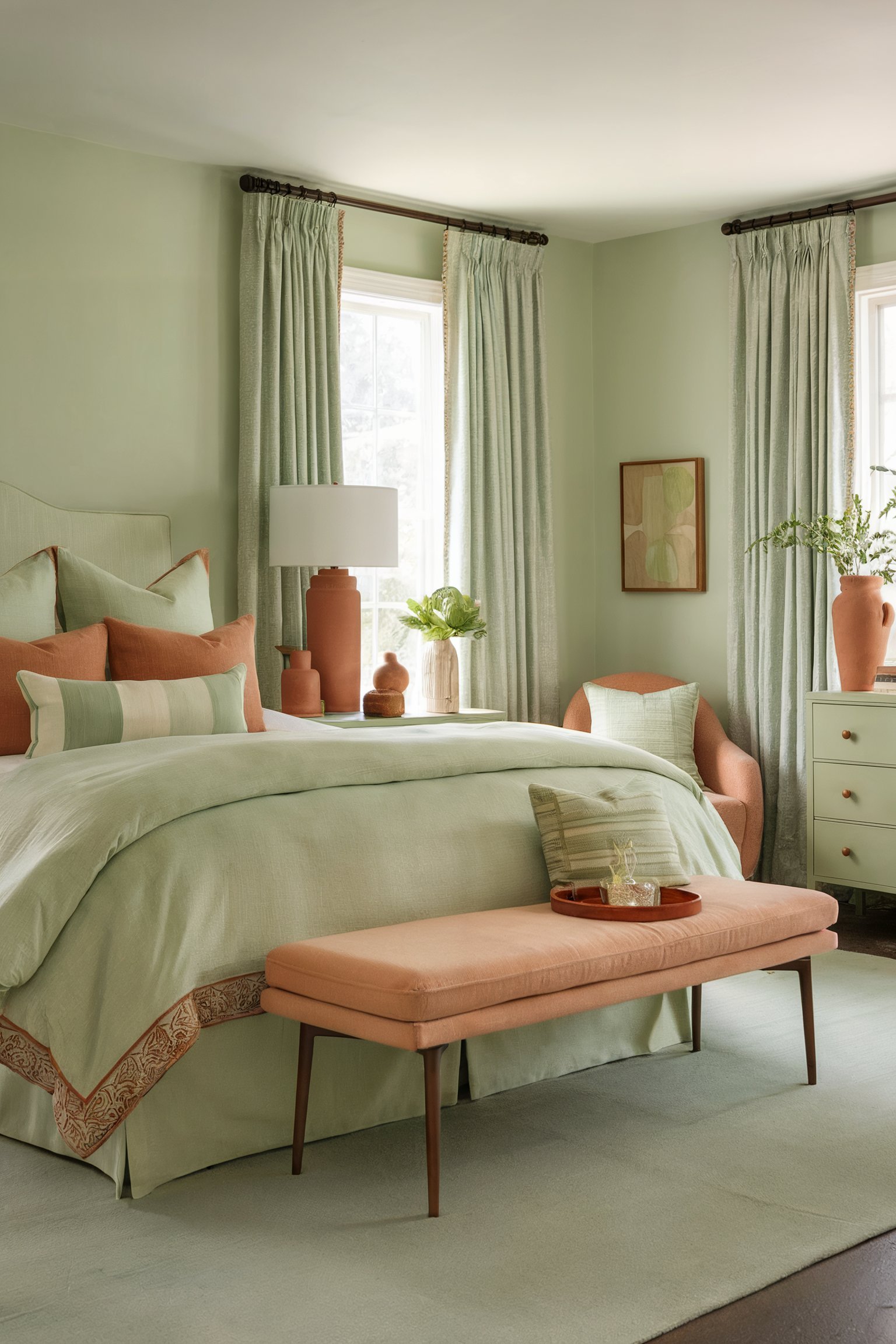 Bedroom with green and terracotta decor, featuring matching pillows and vases