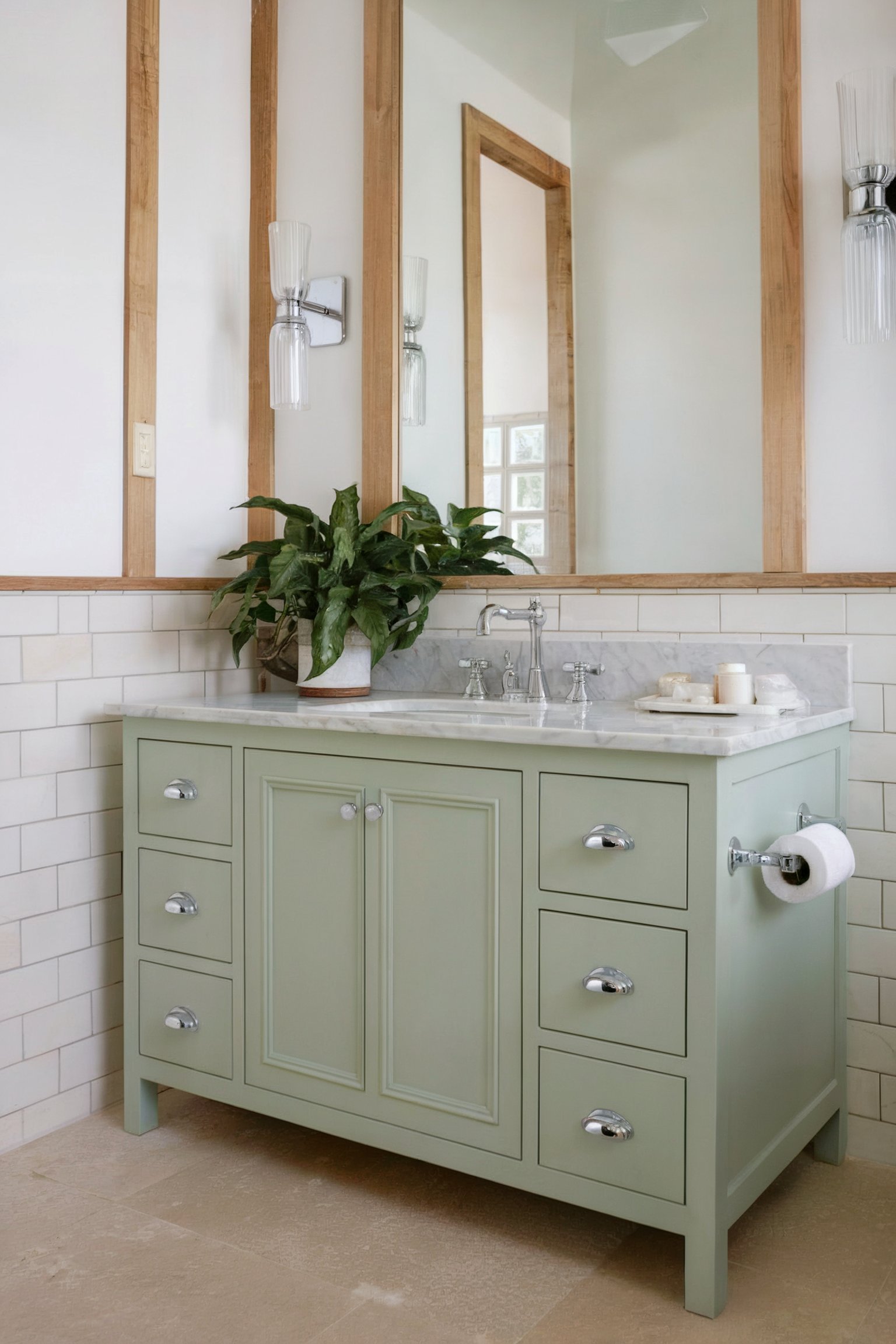 A light green vanity with a marble countertop, simple decor, and framed mirrors with wooden accents