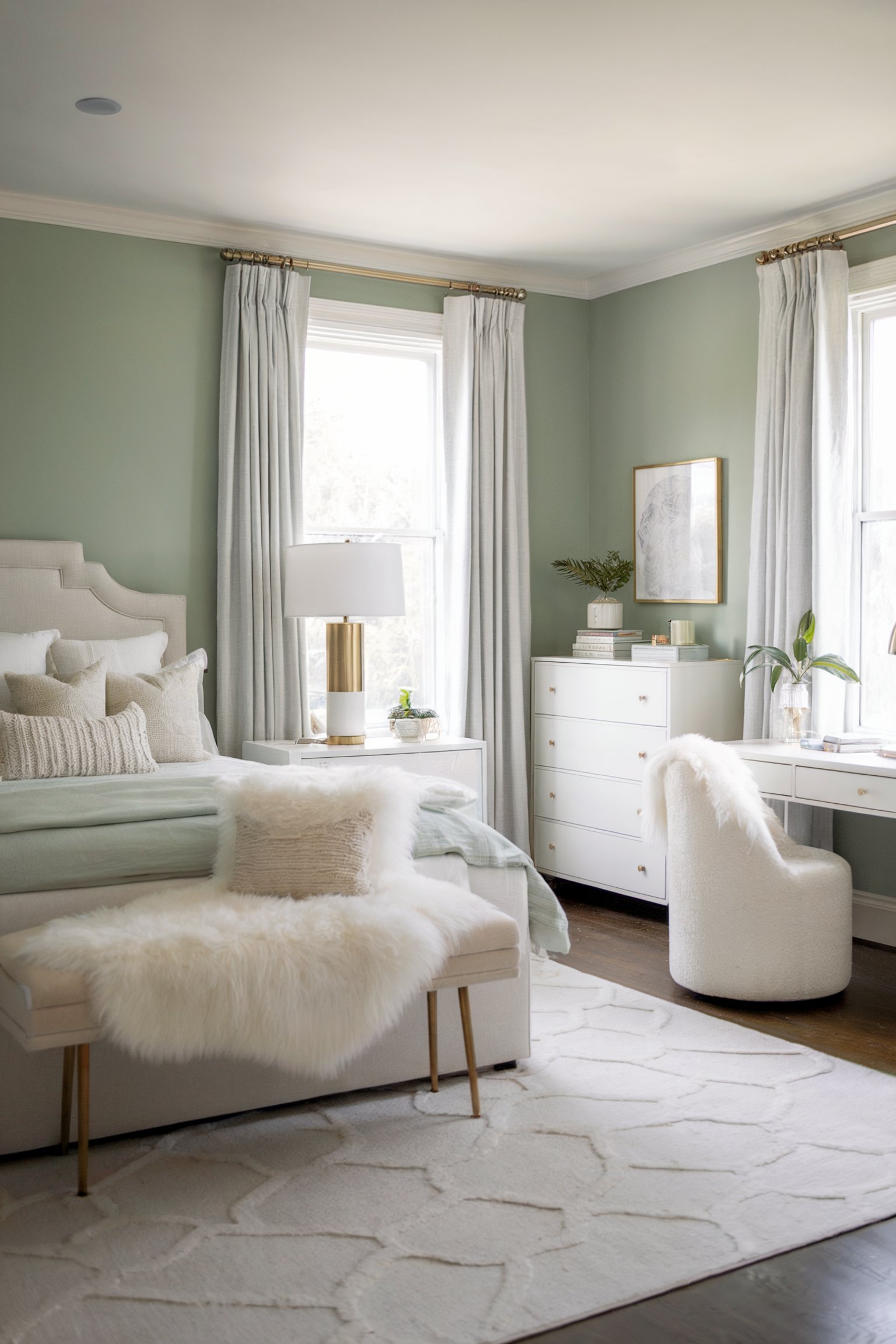 Light green bedroom with white furniture, a tufted bed, and soft decor