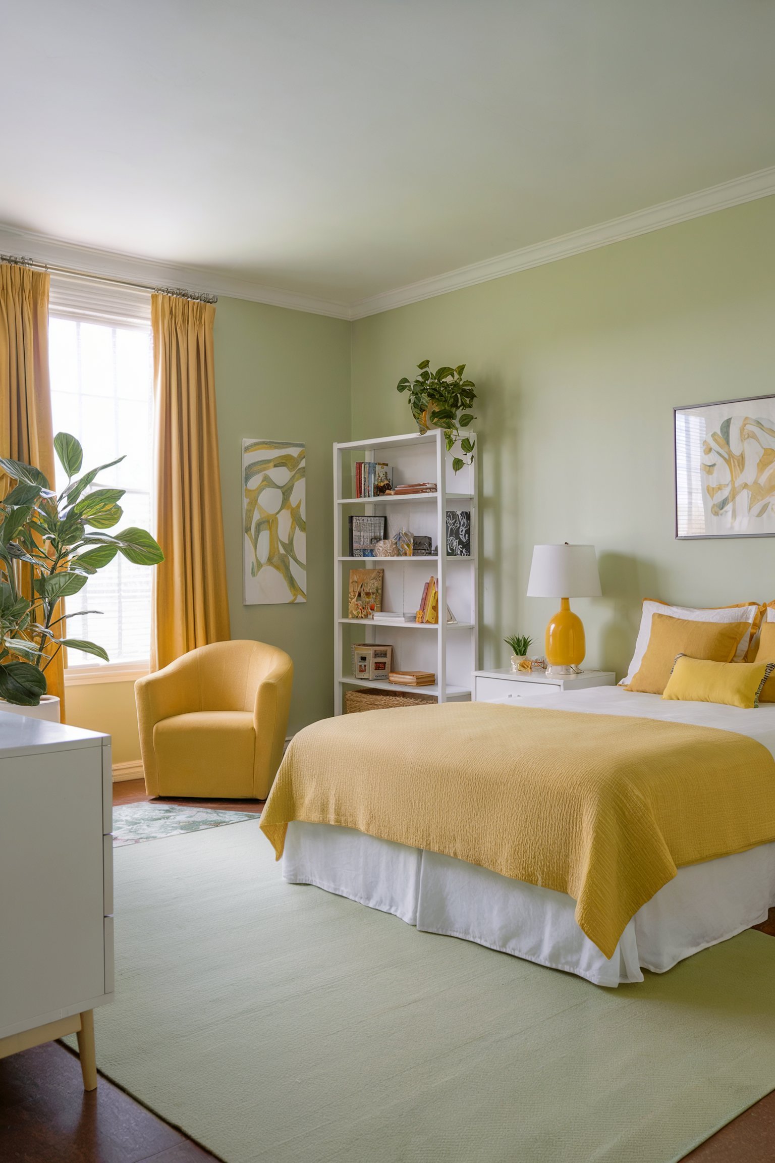 Light green bedroom with yellow accents, cozy chair, and abstract art