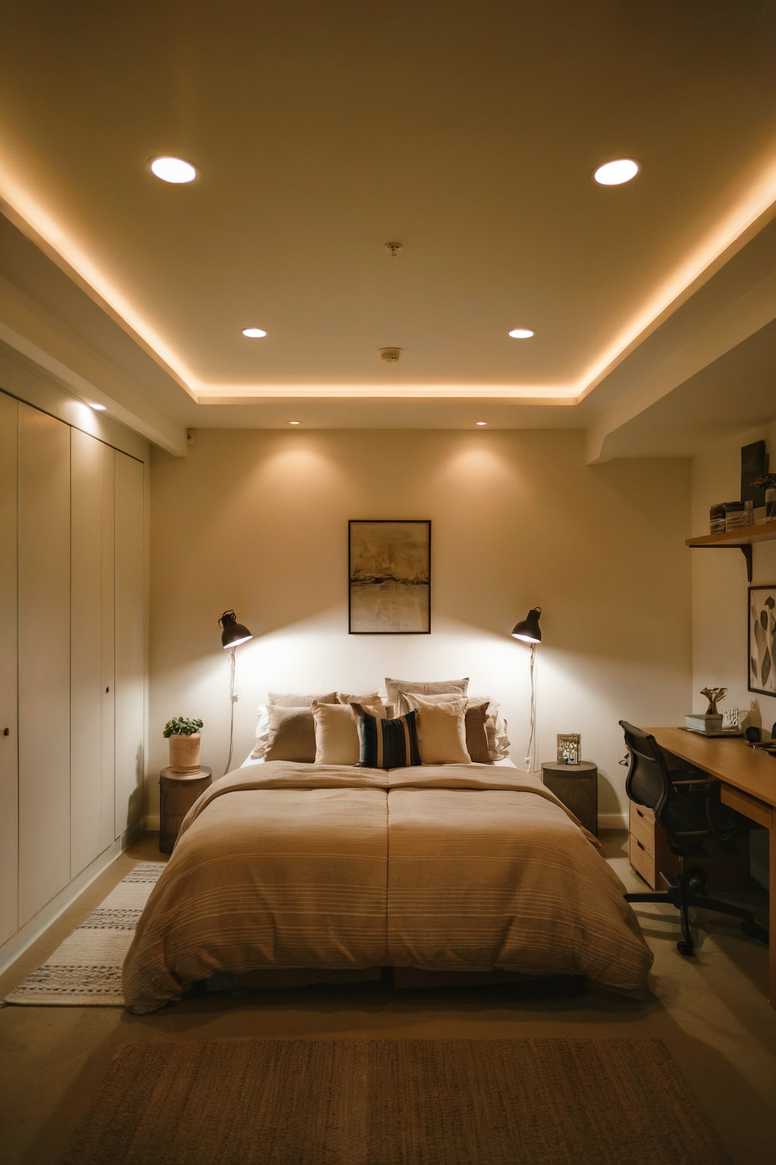 A modern bedroom with a sleek design, featuring recessed lighting, a bed, and a work desk