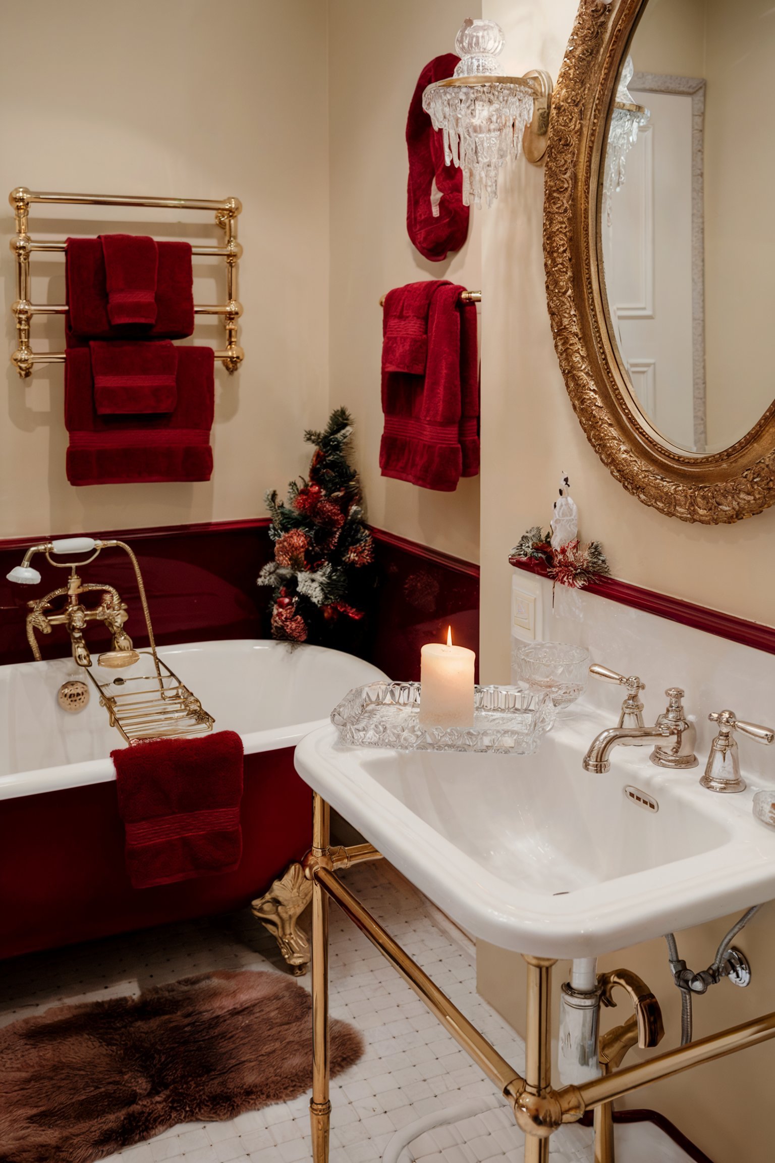 A vintage-style bathroom with a clawfoot tub, gold fixtures, red towels, a small Christmas tree, and a lit candle on the sink