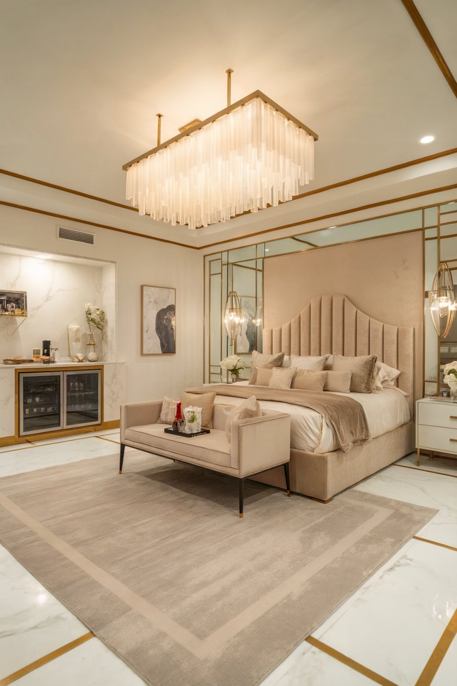 A luxurious bedroom with a beige upholstered bed, mirrored wall, and a large crystal chandelier on the ceiling