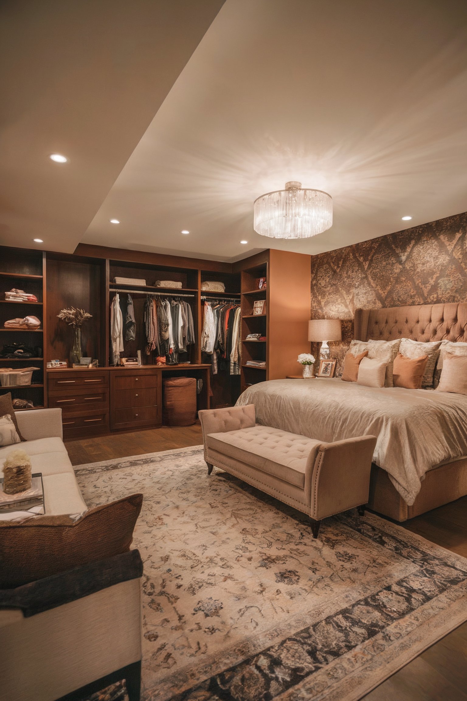 A luxurious bedroom with a large upholstered bed, a tufted bench, and an open closet area, all illuminated by a crystal chandelier
