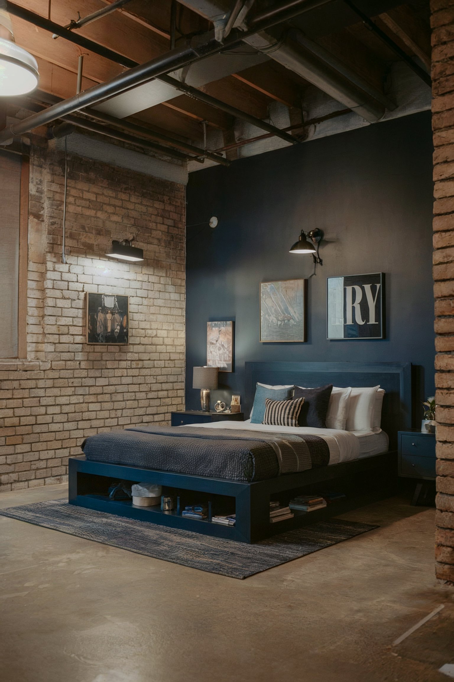 A moody, industrial-style bedroom with exposed brick walls, a dark bed, and cozy lighting