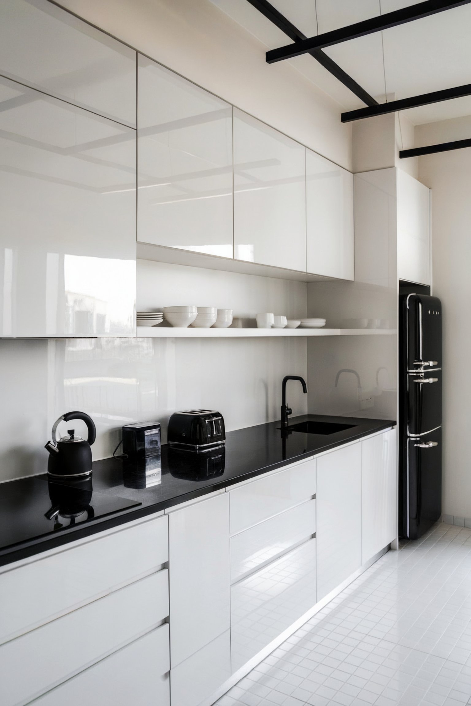 A sleek, minimalist kitchen with glossy white cabinets, a black countertop, and modern appliances
