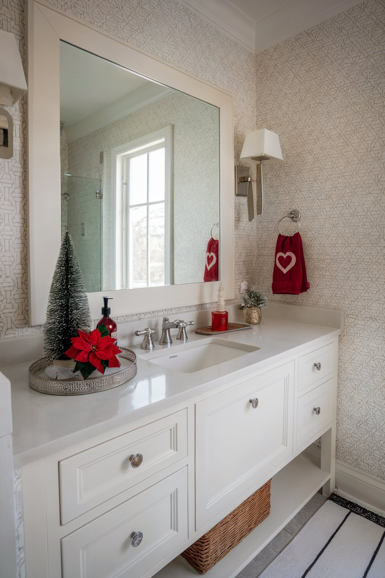 White vanity with Christmas tree, poinsettia, red soap, and a heart towel under a large mirror