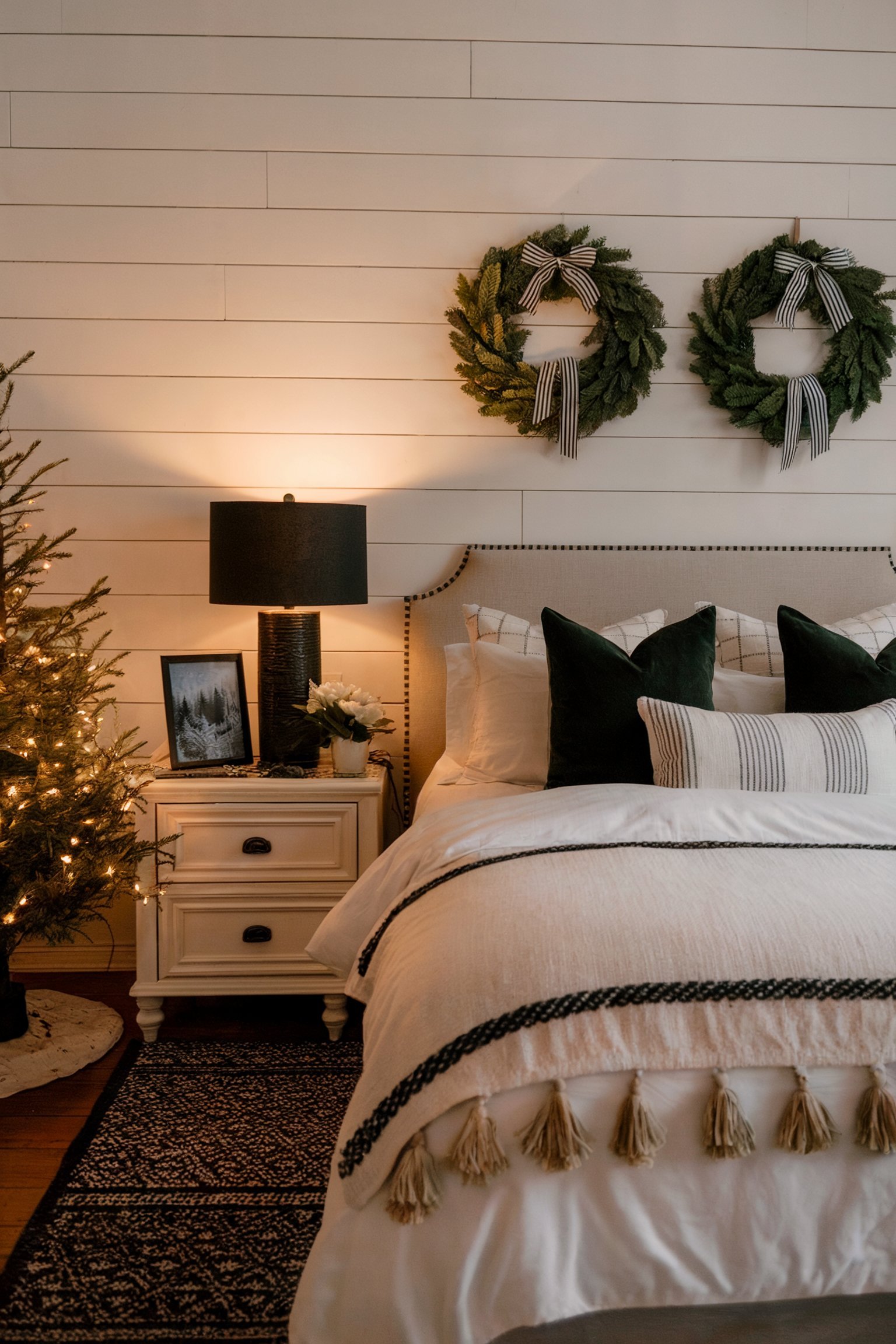 A cozy Christmas bedroom with white bedding, green pillows, a lit tree, and wreaths on a shiplap wall