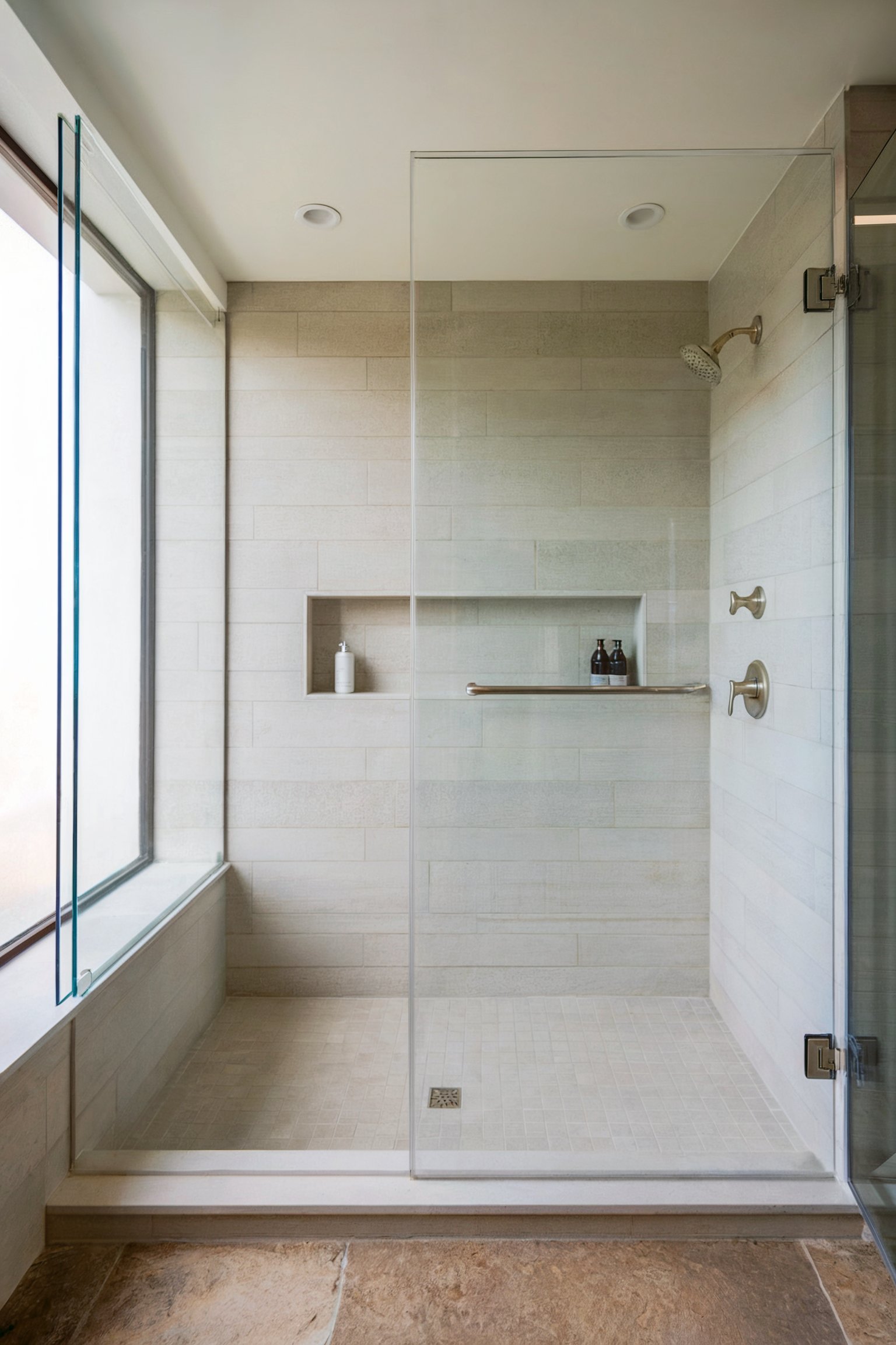 Beige-tiled walk-in shower with built-in niche and glass partition near a large window