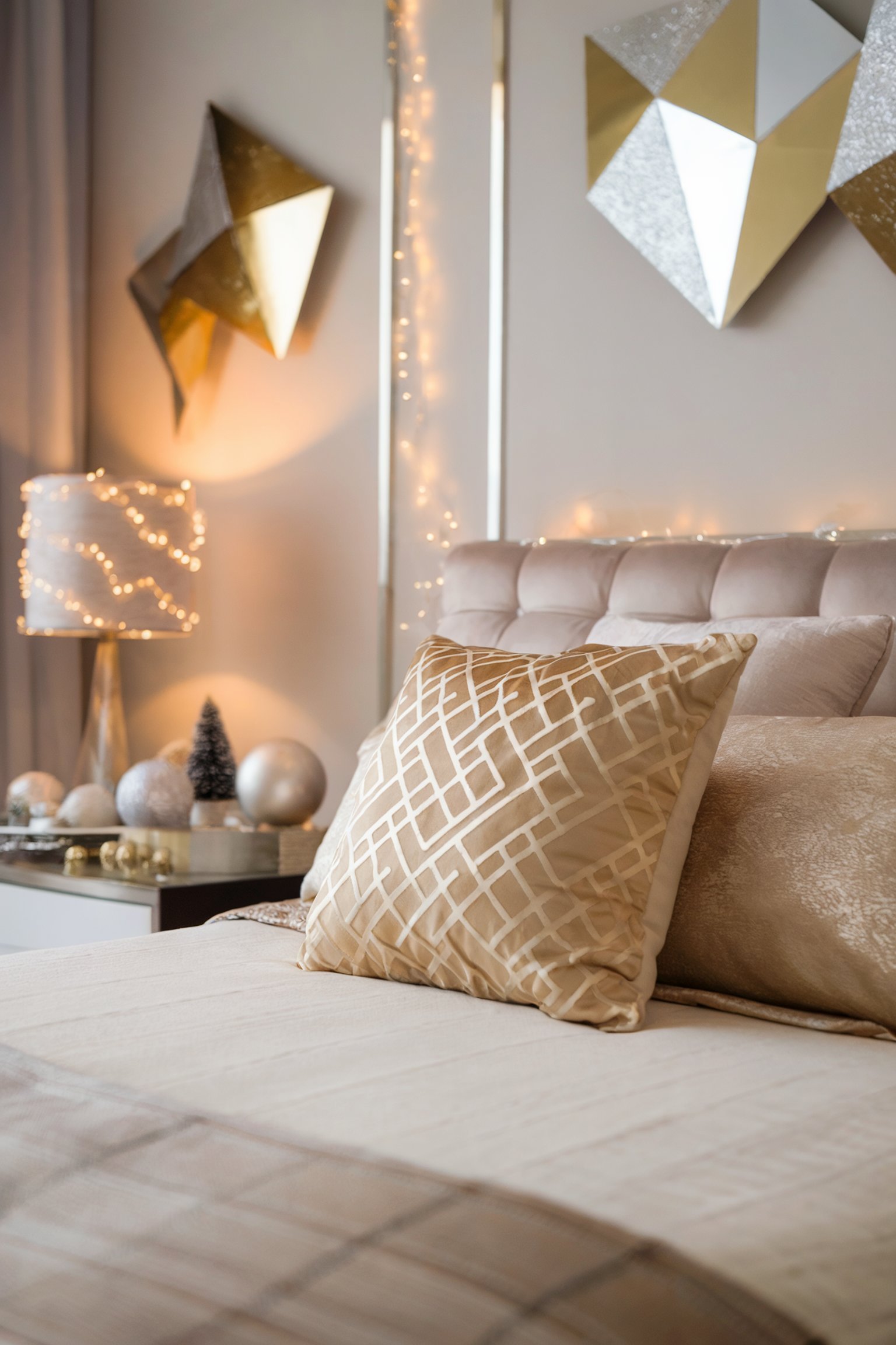 A modern, festive bedroom featuring geometric gold wall decor, soft lighting, and elegant pillows with shimmering gold accents